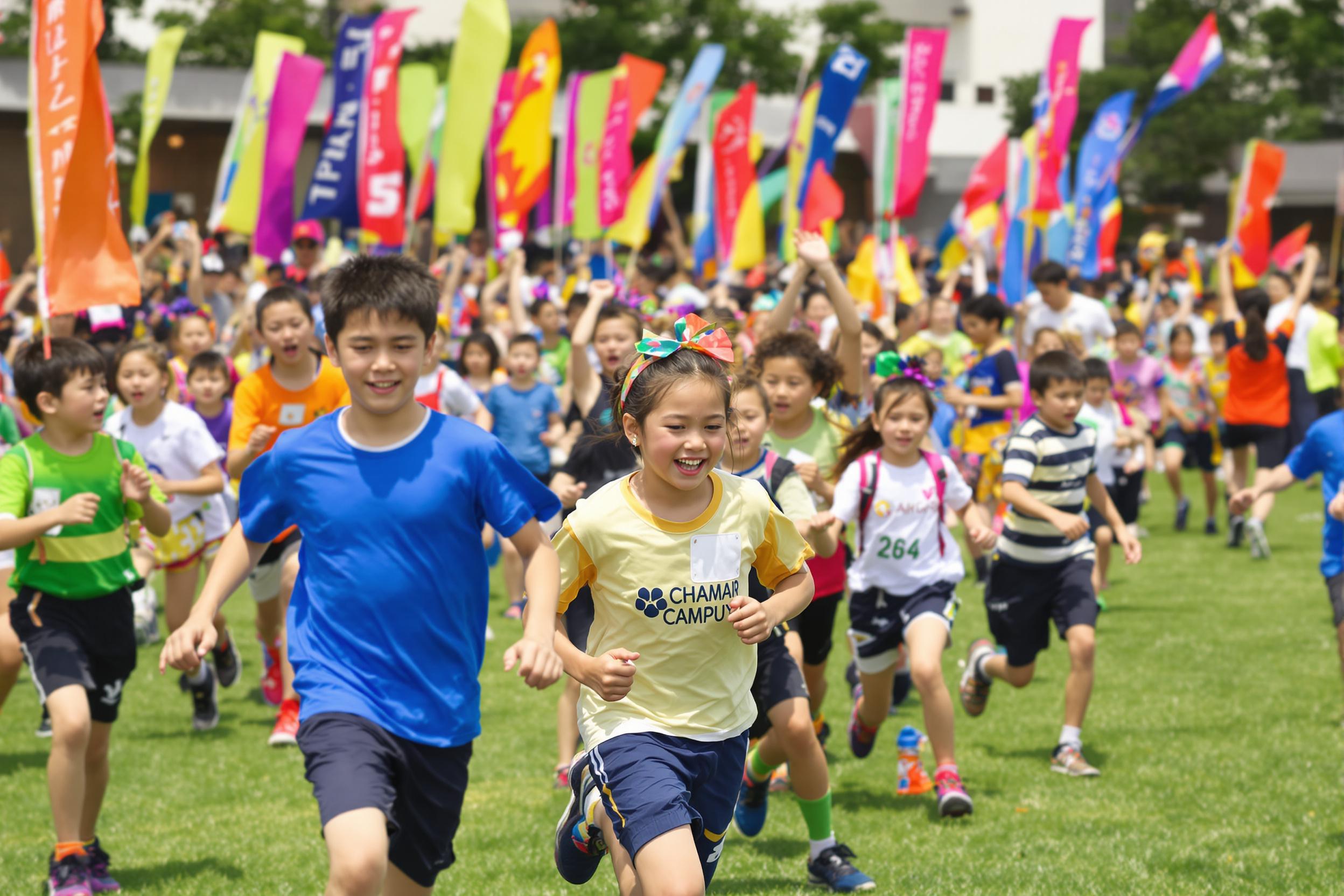 A lively outdoor sports day unfolds on a bright sunny morning, with children dressed in colorful uniforms participating in various activities. Some race eagerly across the grass, while others cheer from the sidelines, faces beaming with excitement. Colorful flags flutter in the gentle breeze, creating an energetic atmosphere filled with laughter and friendly competition.