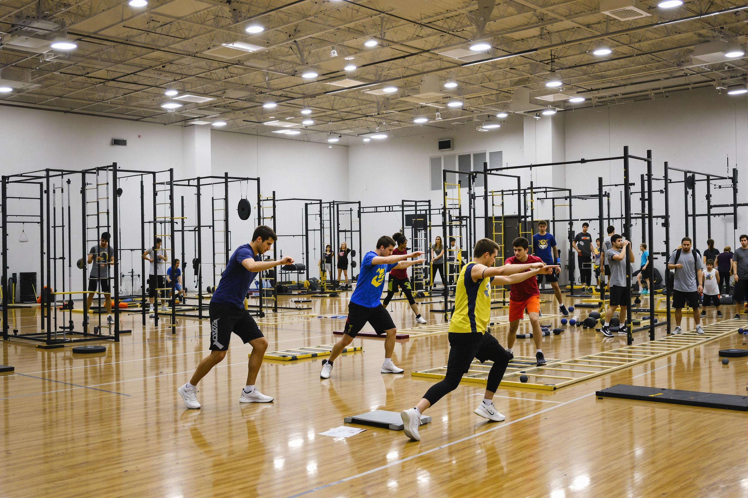 Young athletes actively train in a spacious indoor sports facility, demonstrating powerful movements. Various training stations are visible, including agility ladders and weights. Bright artificial lights illuminate the scene, reflecting off polished wooden floors. Participants, wearing colorful athletic gear, are engaged in drills, showcasing teamwork and determination.