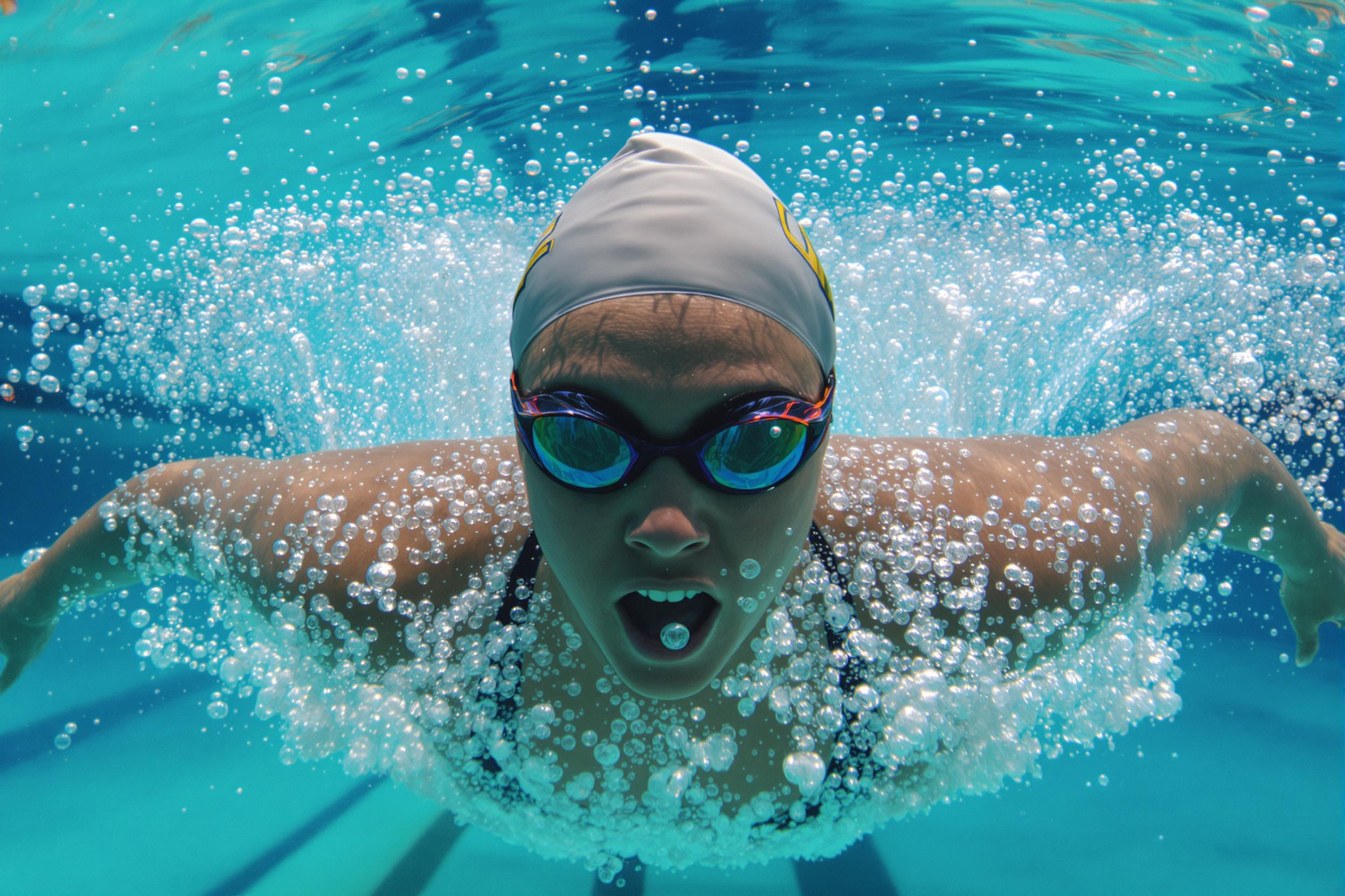 An underwater perspective of an Olympic swimmer mid-stroke, capturing the grace and power of aquatic athletics. Bubbles trail behind the athlete, creating a sense of speed and movement in the crystal-clear pool water.