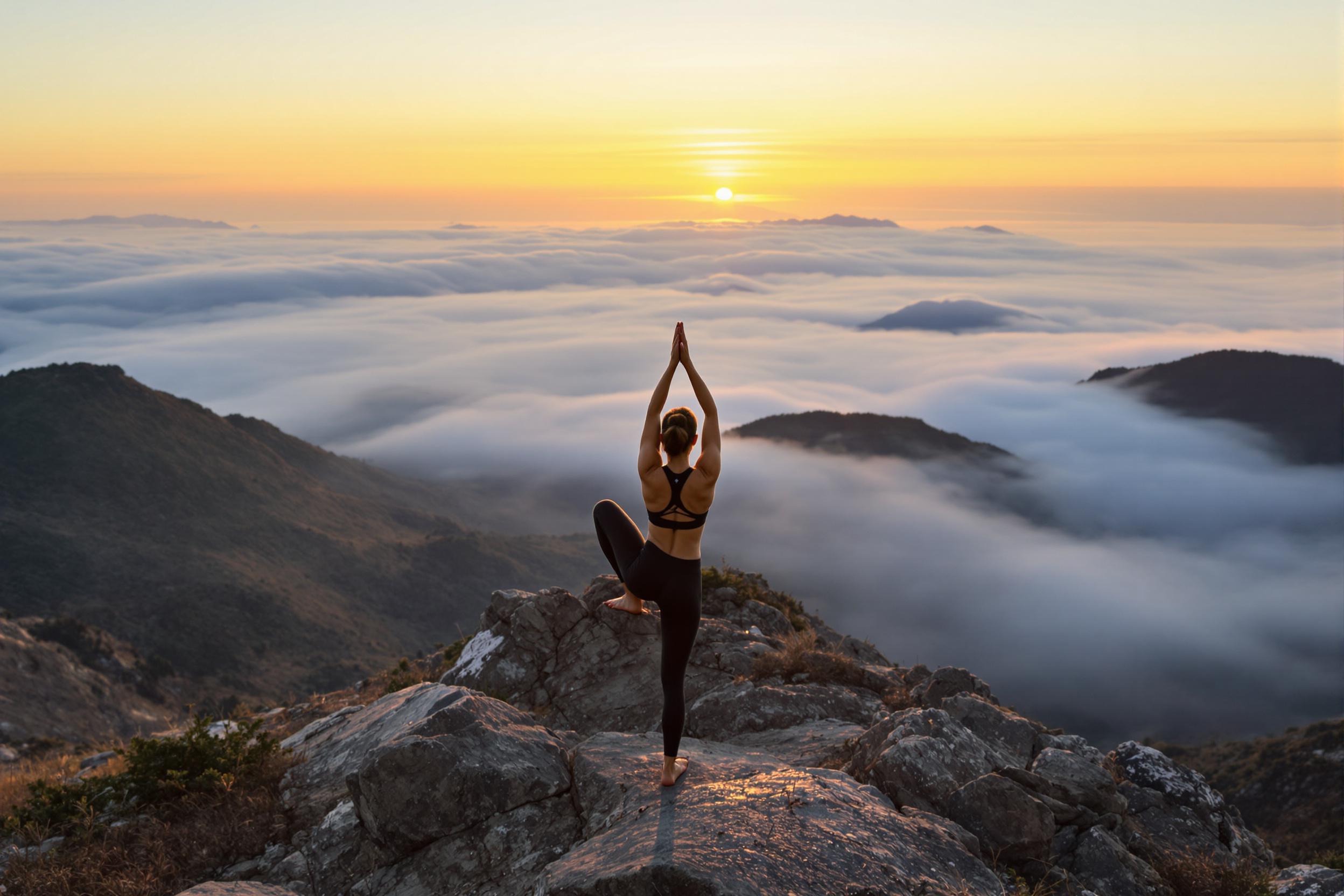 A tranquil scene of a yogi performing a challenging pose on a misty mountain peak at sunrise. The image blends sports, nature, and wellness, highlighting flexibility and inner peace against a breathtaking landscape.