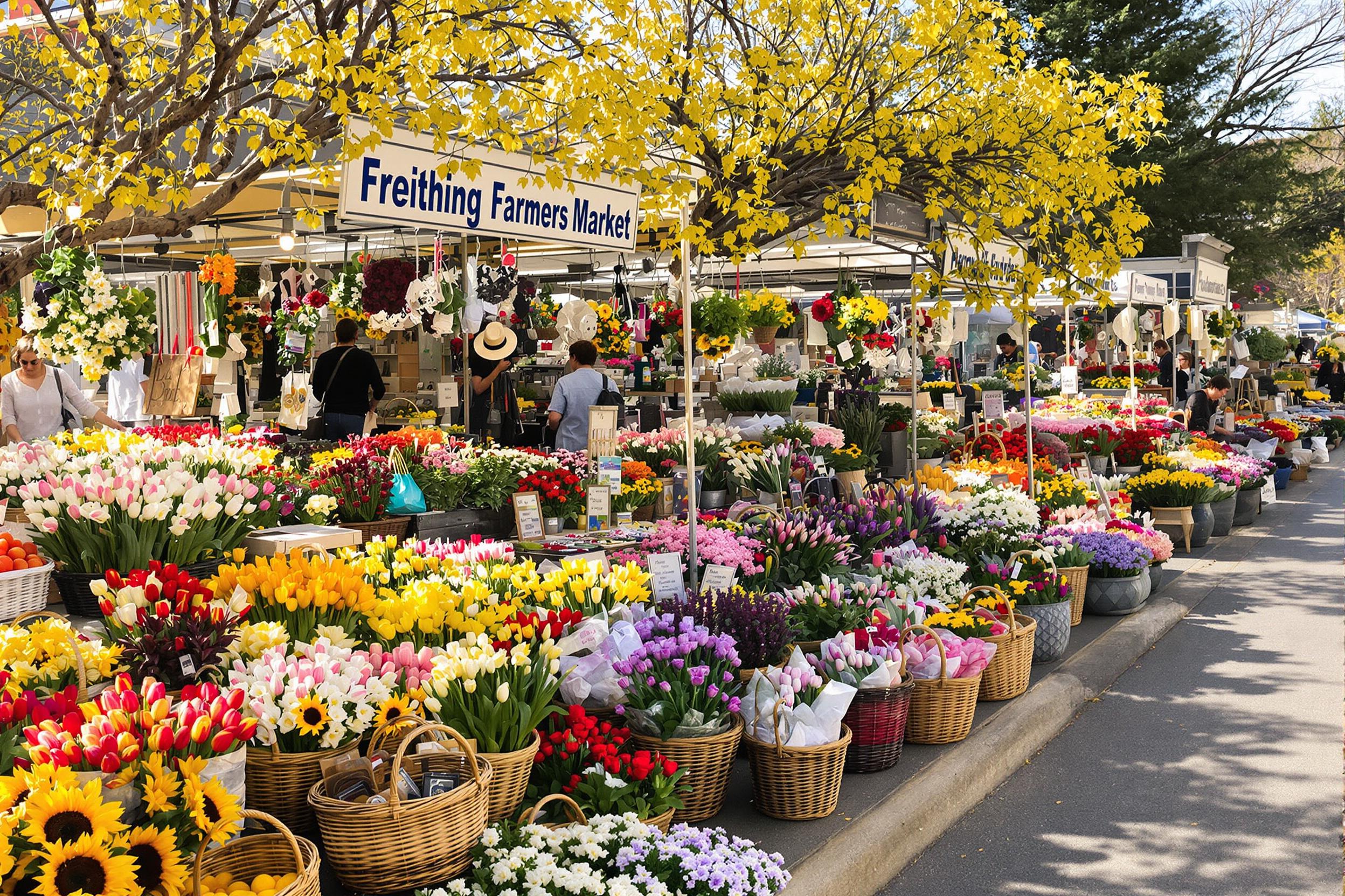 A lively spring farmer's market brims with colorful flower arrangements and fresh produce stands. The warm morning sunlight bathes the scene, highlighting vibrant bouquets of tulips, daffodils, and sunflowers. Shoppers peruse through baskets, admiring seasonal fruits and vegetables. Decorative stalls display artisanal goods, creating a bustling ambiance that encourages community interaction.