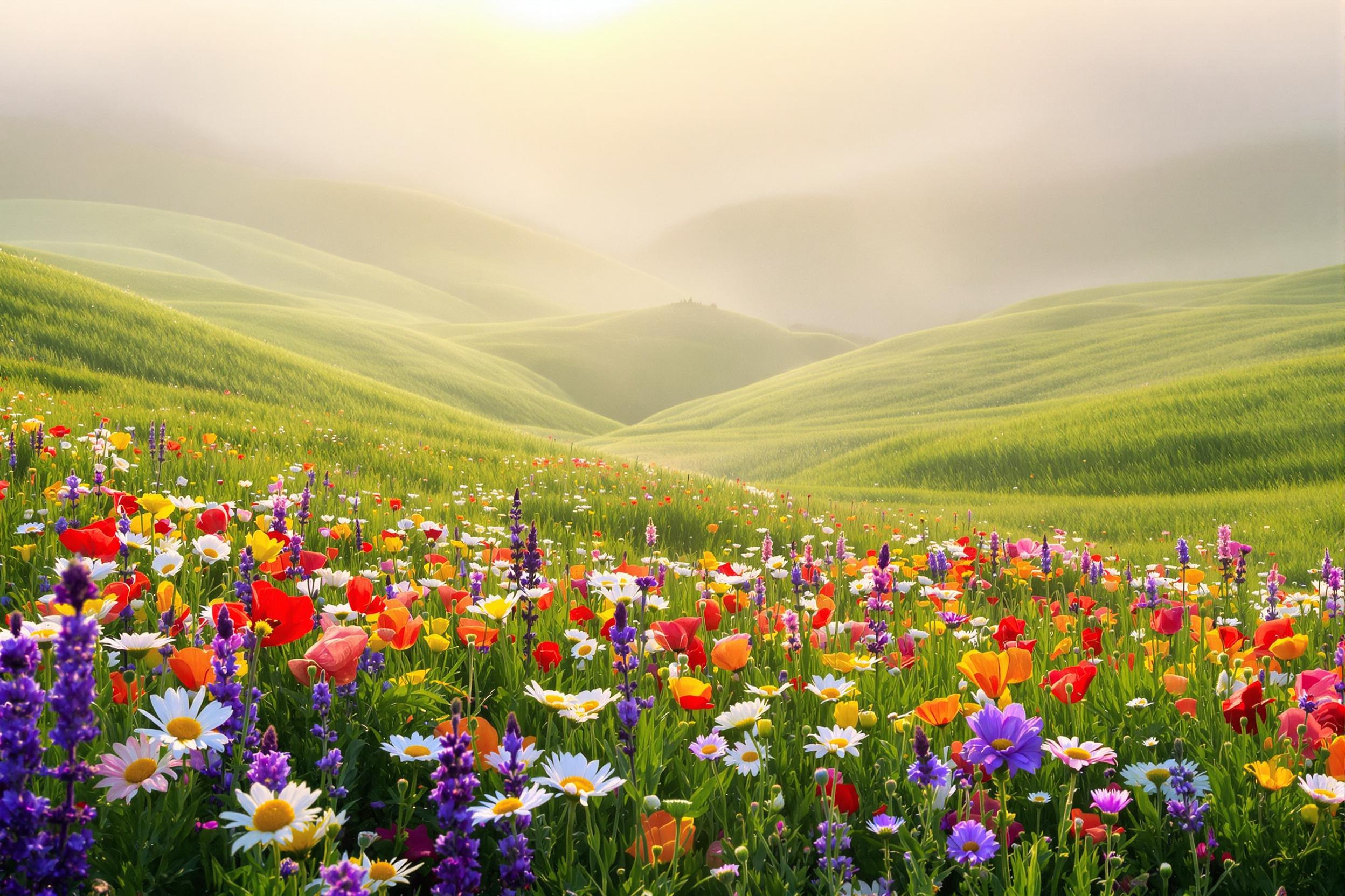 A vibrant spring meadow unfolds with an array of multicolored wildflowers such as daisies, poppies, and lavender. Rolling green grass spreads out beneath, partially shrouded by light morning mist that clings to the valley. Soft golden sunlight filters through the fog, highlighting the dewy petals and creating an ethereal, tranquil atmosphere.