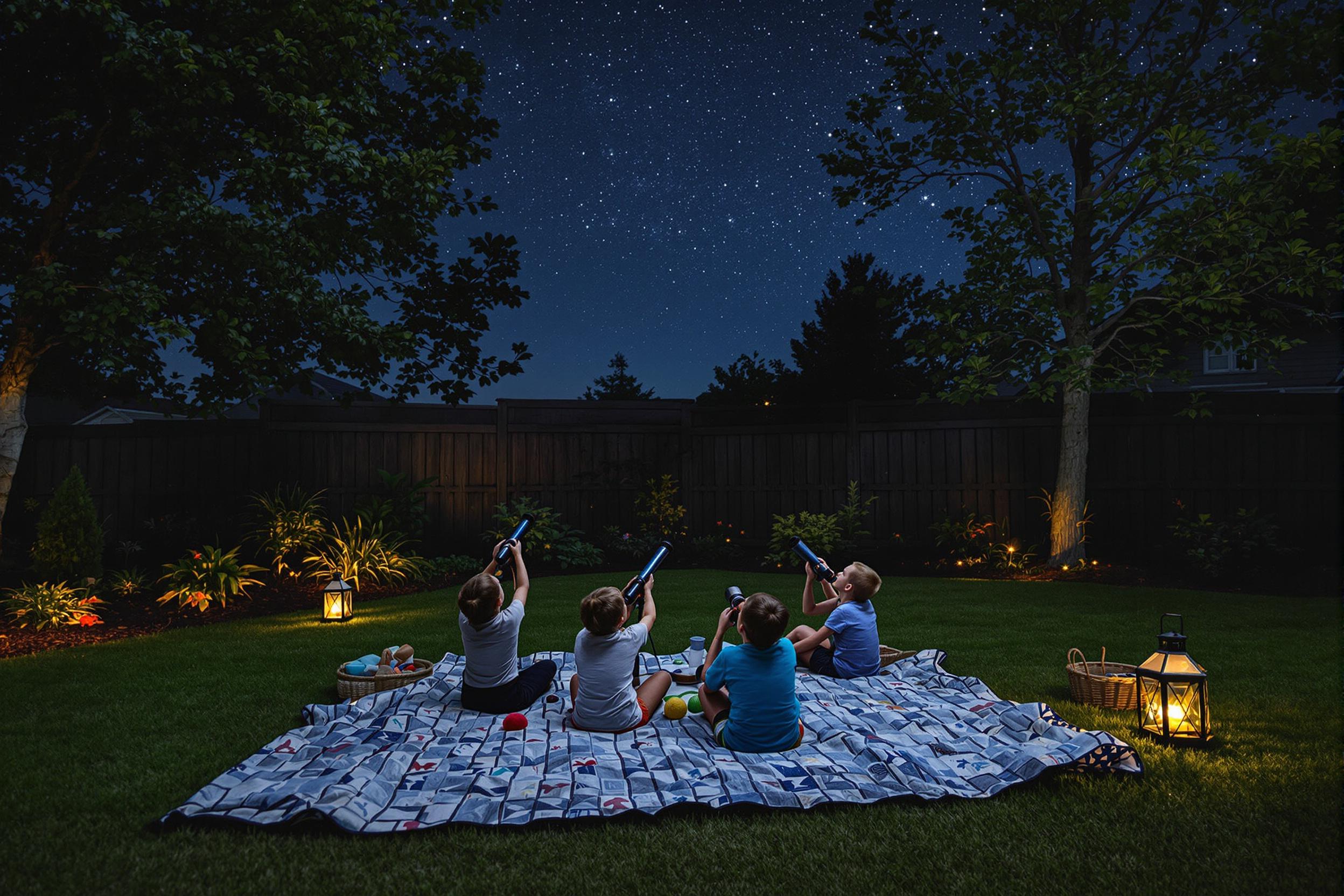 Children stargaze in a quaint backyard, their telescopes aimed upward under a star-laden sky. Cozy quilts spread across the lush grass create a comforting ground for them as outdoor lanterns emit soft amber glows nearby. Cool moonlight enhances celestial visibility while silhouettes of trees suggest an intimate natural setting.