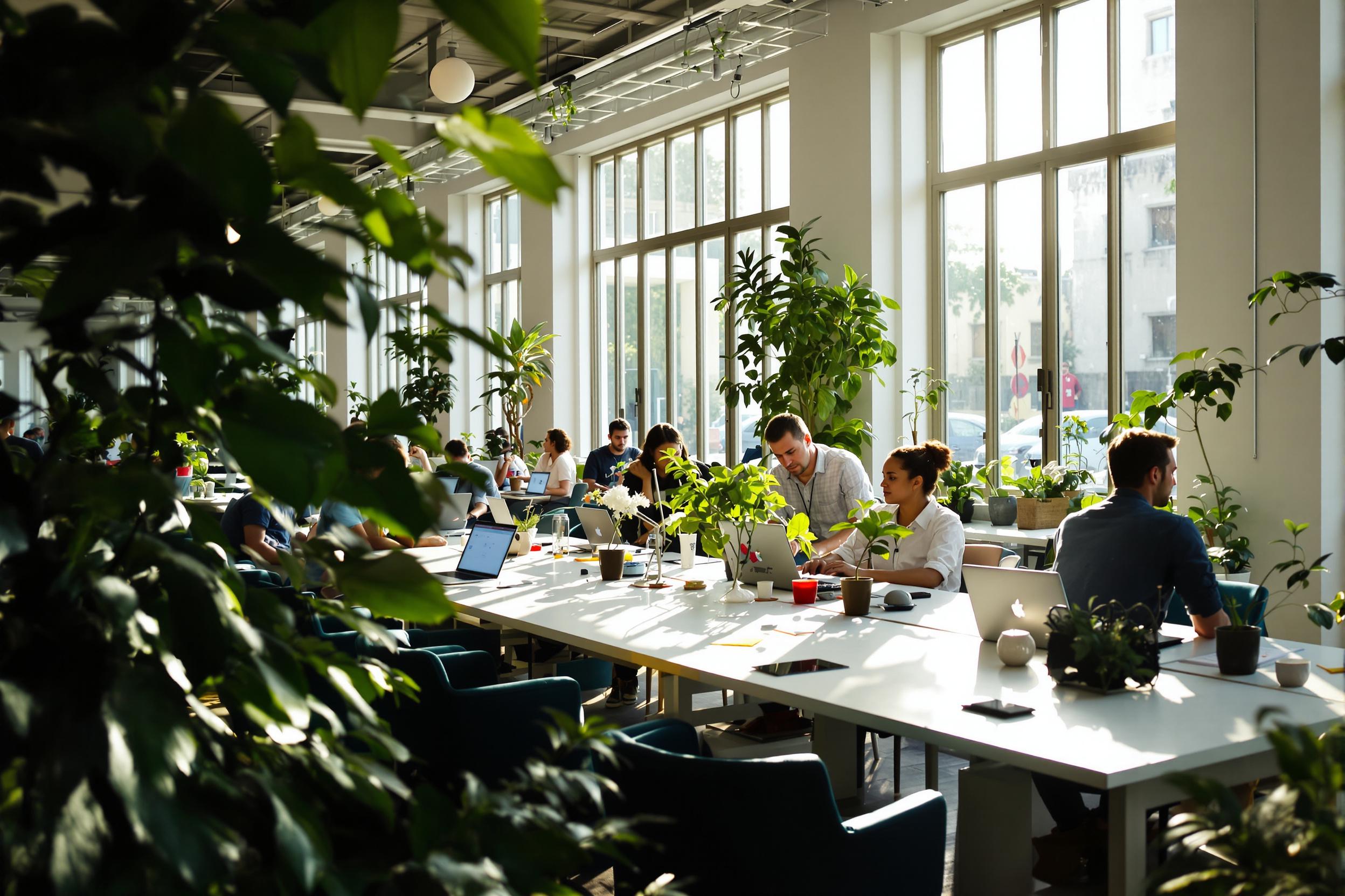 Inside a vibrant tech startup office, teams collaborate around sleek white desks adorned with laptops and digital devices. Sunlight pours through large windows, casting a warm glow over engaged professionals discussing ideas and focusing on screens. Plants add greenery to the space, enhancing the creative atmosphere.