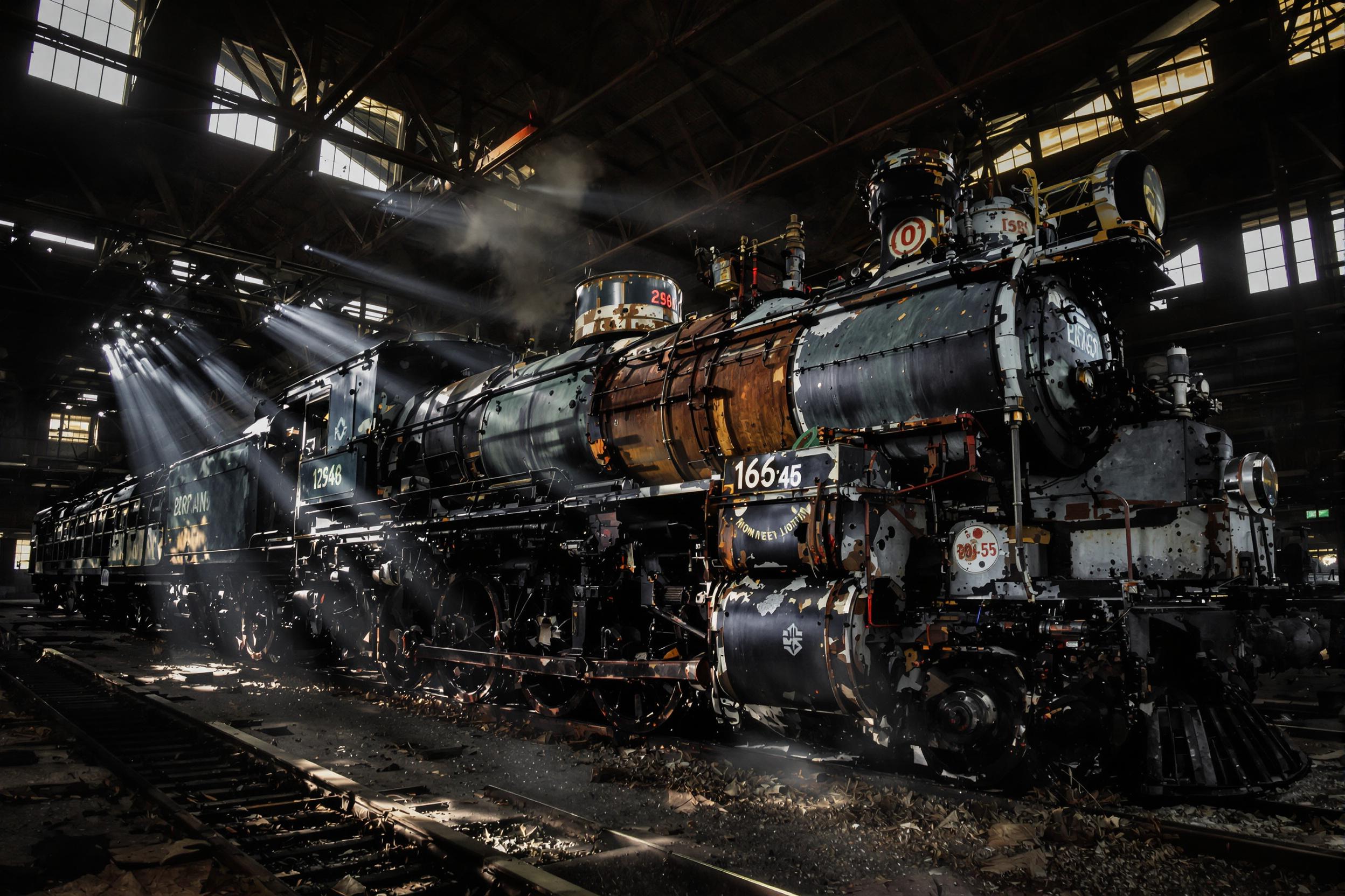 In an abandoned train depot, an aged steam engine rests under dim evening light. Shafts of sunlight pierce through shattered windows, casting patterns of shadows across its rusted surface. Layers of flaking paint, corroded metal, and fading insignia tell the story of its industrial past. Dust particles shimmer subtly in the hazy air.