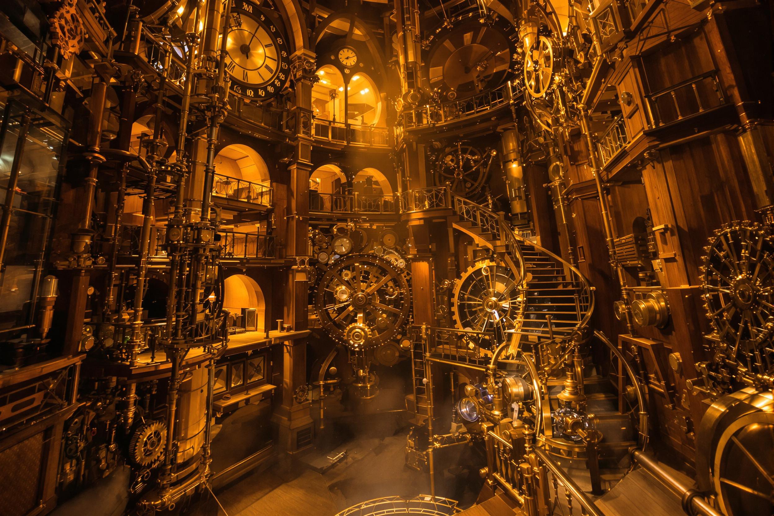 An intricate steampunk clock tower interior illuminated by warm, golden lighting. Gears, brass piping, and detailed timepiece mechanisms dominate the space, surrounded by polished wooden platforms and railings. Soft steam rises from concealed vents, accentuated by diffused amber glow. Shadows from ornate metallic structures cast layered patterns across the walls.