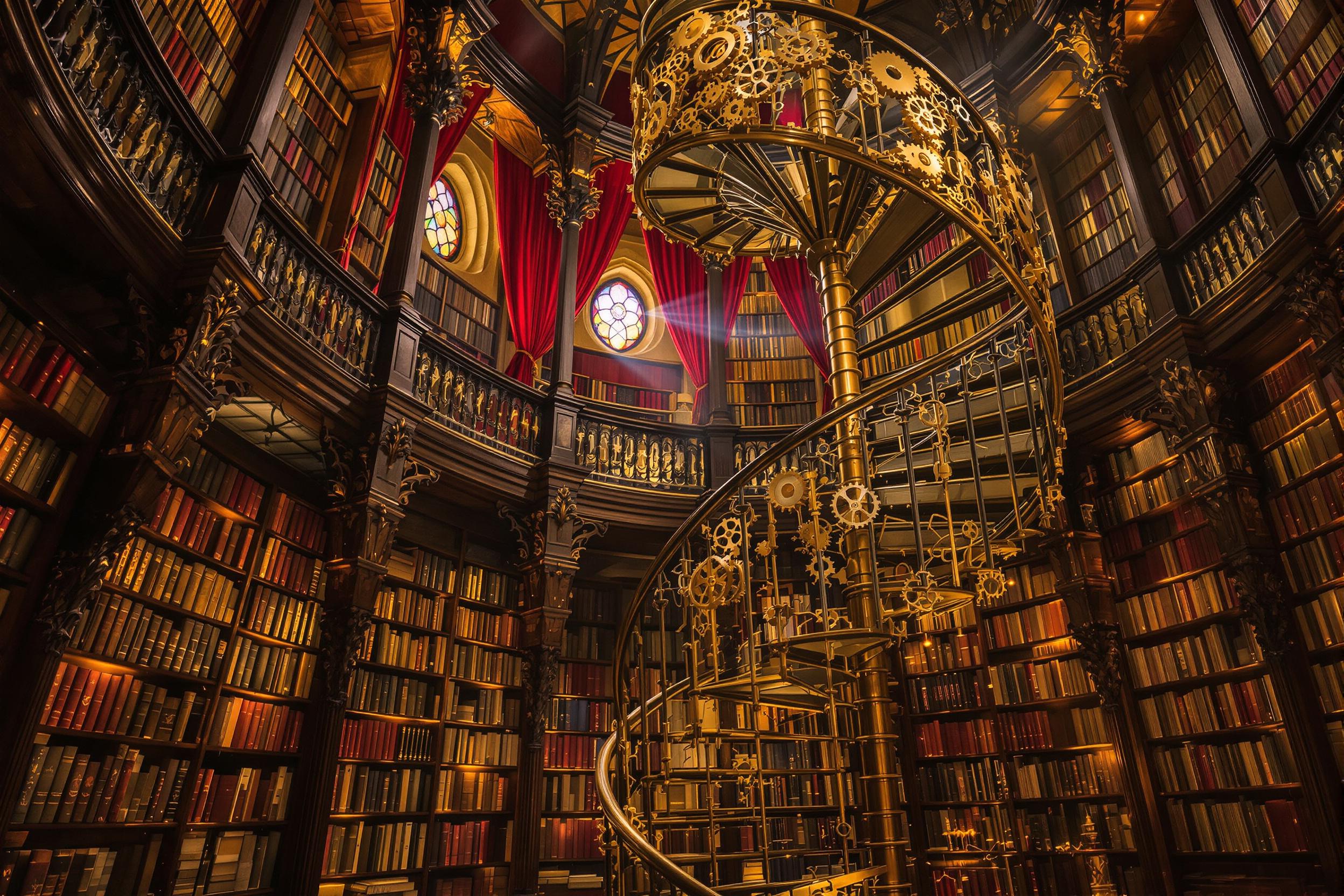 An atmospheric steampunk library glows under warm sepia lighting. Towering bookshelves with intricately designed brass gears frame the scene, casting soft shadows. A spiral staircase encased in wrought iron leads to upper levels adorned with red velvet drapery. Sunbeams filter through small stained-glass windows, catching whirling motes of dust.