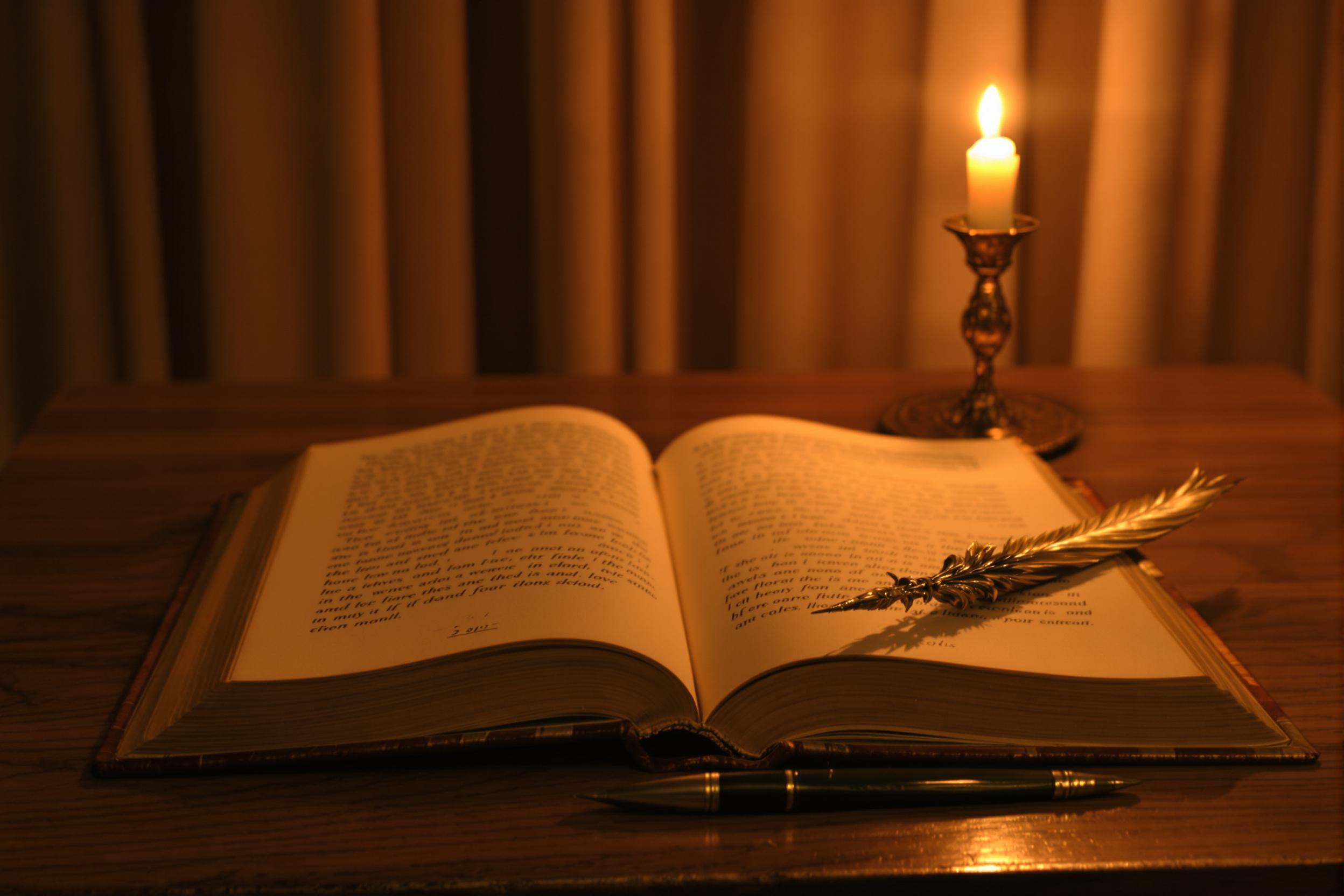 On an antique desk, an open aged book reveals its yellowed pages curled at the edges under warm, flickering candlelight. Beside it rests an ornate quill with intricate engraving, catching subtle highlights. The wooden desk surface exhibits rich grain textures, while faint details of a curtain backdrop create depth.