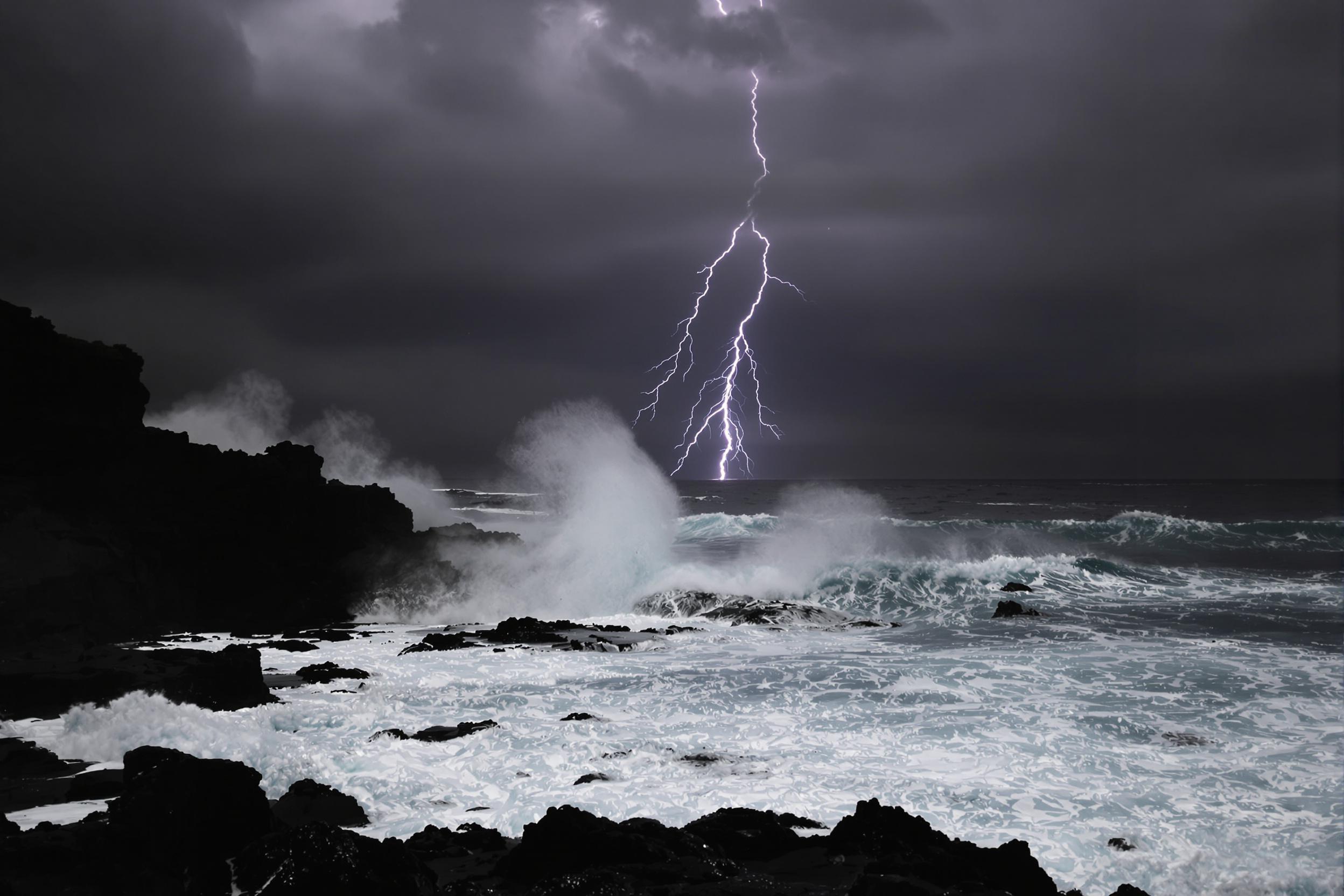 A dramatic scene unfolds over a stormy coastline as jagged bolts of lightning illuminate roiling, dark gray clouds. Waves crash violently against black crags, sending mist spiraling into the shadowy air. The dim light creates moody contrasts between foaming white surf and sleek, rain-slicked rocks glistening briefly under bursts of brilliance.