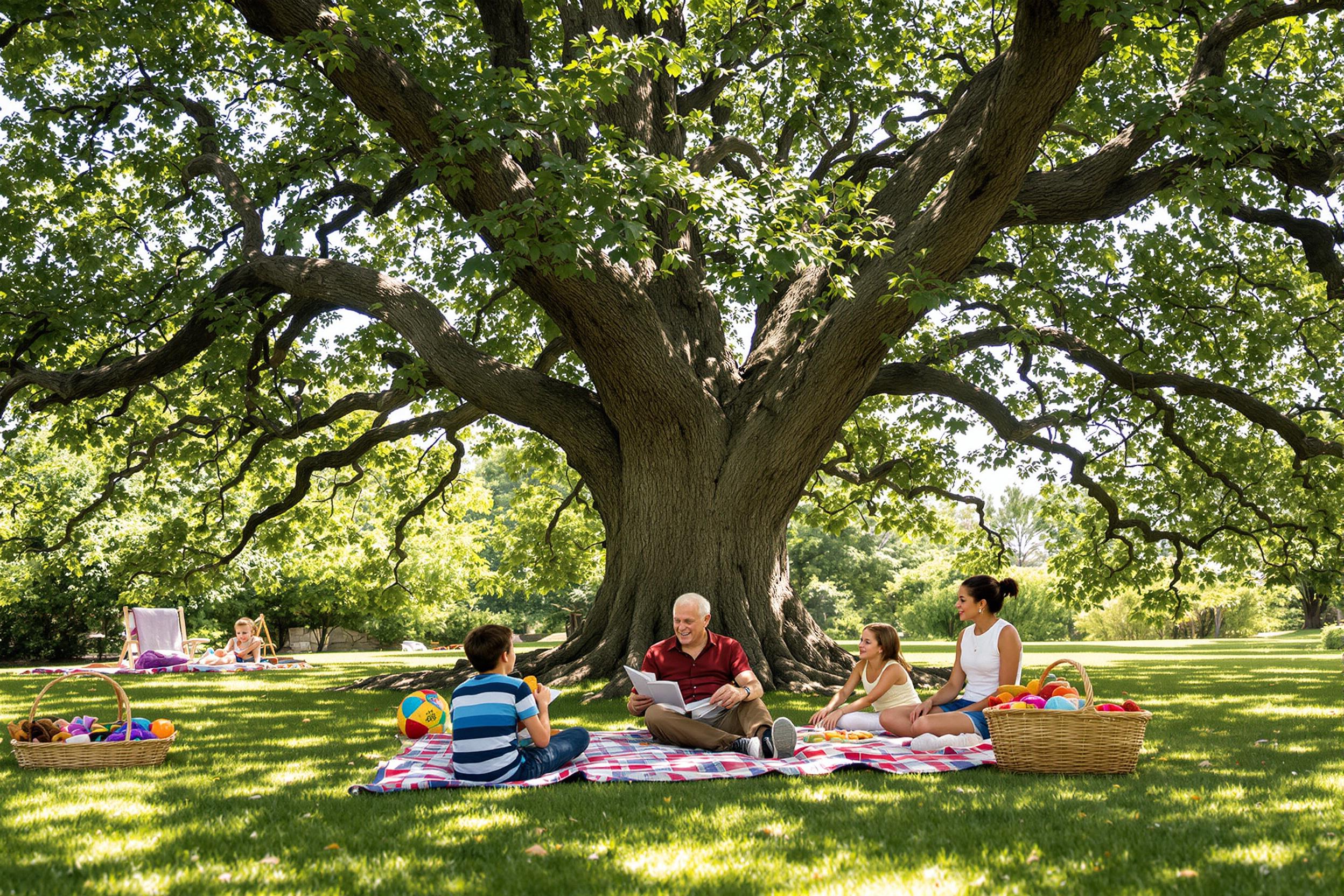 An elderly man sits comfortably on a patterned blanket beneath a sprawling oak tree, surrounded by curious children. Sunlight filters through the leaves, casting dappled shadows on the grass. The man animatedly shares enchanting stories, while the children's faces radiate joy and wonder. A basket of snacks rests nearby, enhancing the cozy atmosphere.