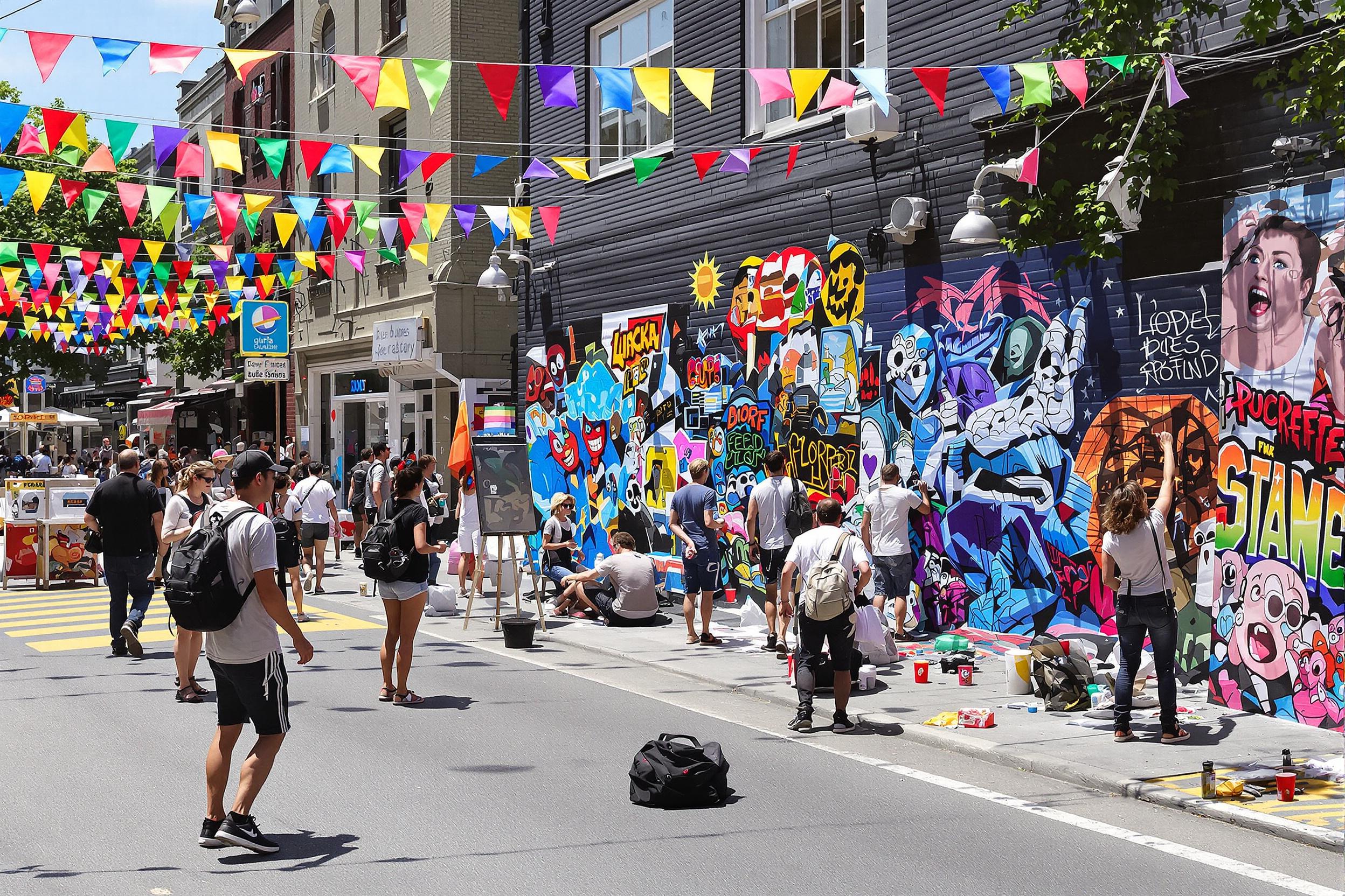 A lively street art festival takes place on a bustling urban block. Artists passionately paint vibrant murals, showcasing a mix of styles and techniques. Sunlight highlights the bright colors of the artwork, while an enthusiastic crowd gathers, admiring each piece. Colorful banners sway gently above, adding to the festive atmosphere.