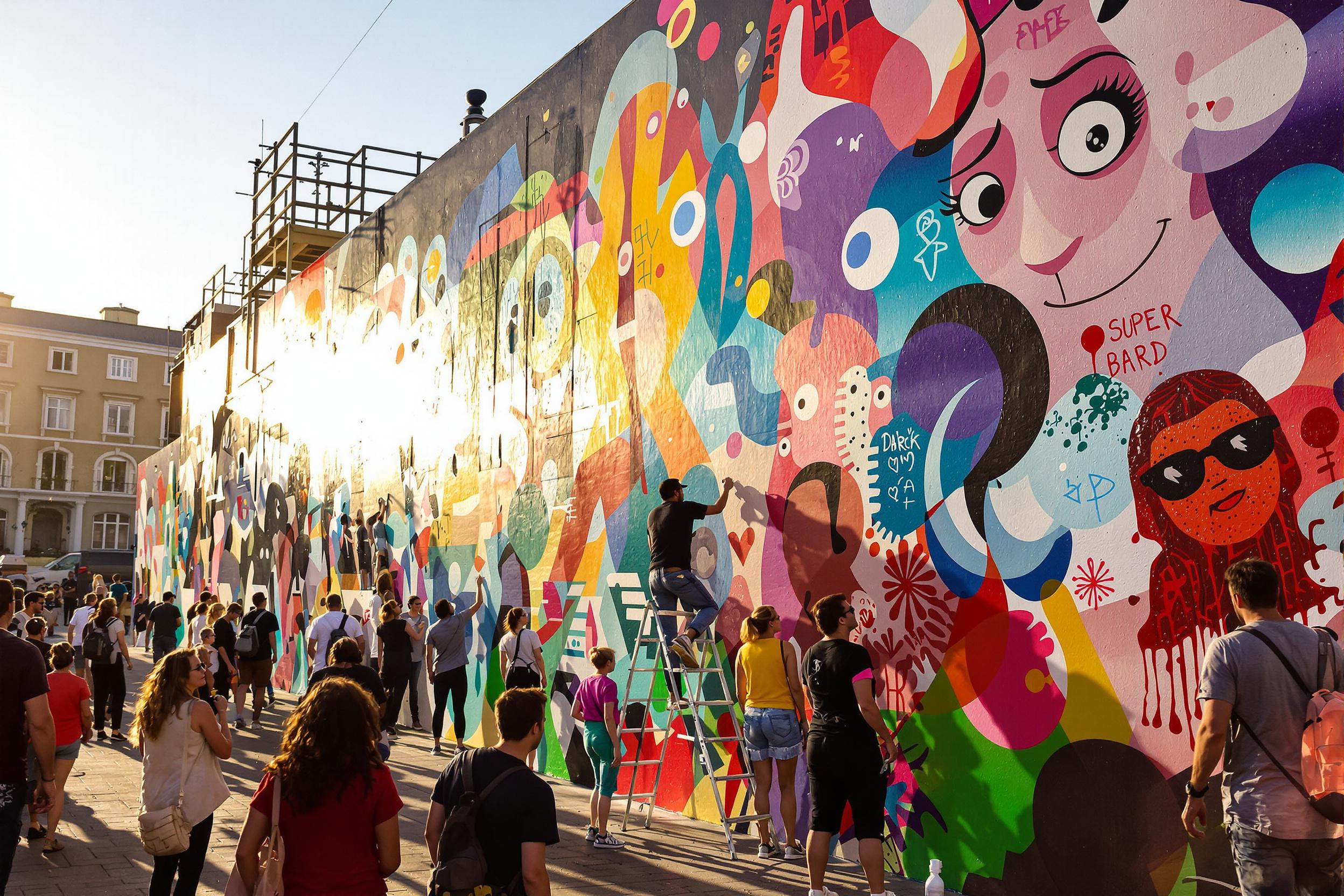 Artists bring a large wall to life with a vibrant street art mural under the warm glow of late afternoon sunlight. The scene is alive with color, as various shades of paint intermingle on the wall, depicting abstract shapes and whimsical figures. Onlookers pause to watch the creative process, their expressions reflecting admiration and curiosity.