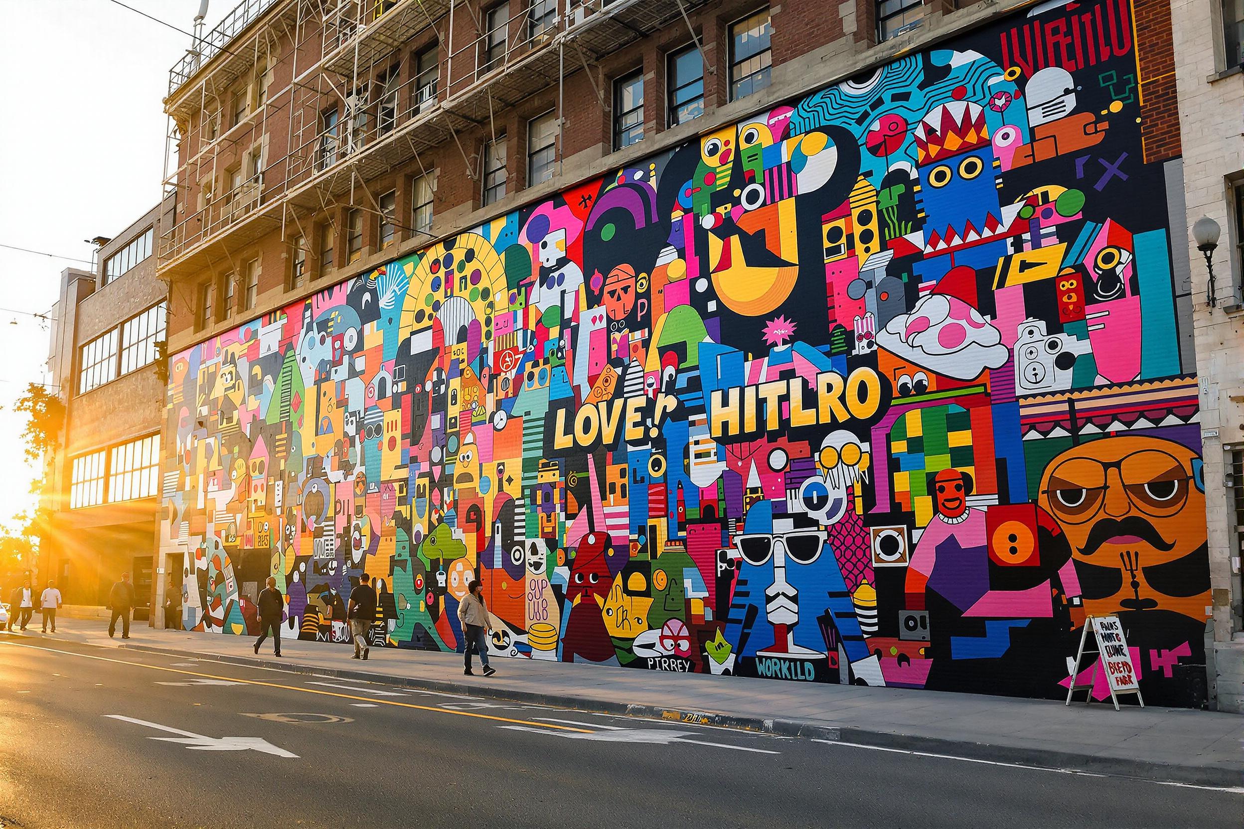 A large, colorful street art mural adorns the side of an urban building, bursting with vivid hues that celebrate cultural expression. The artwork features abstract shapes and characters, drawing attention from passersby strolling by. Golden hour sunlight casts a warm glow, illuminating the details and textures of the mural amidst the surrounding cityscape.