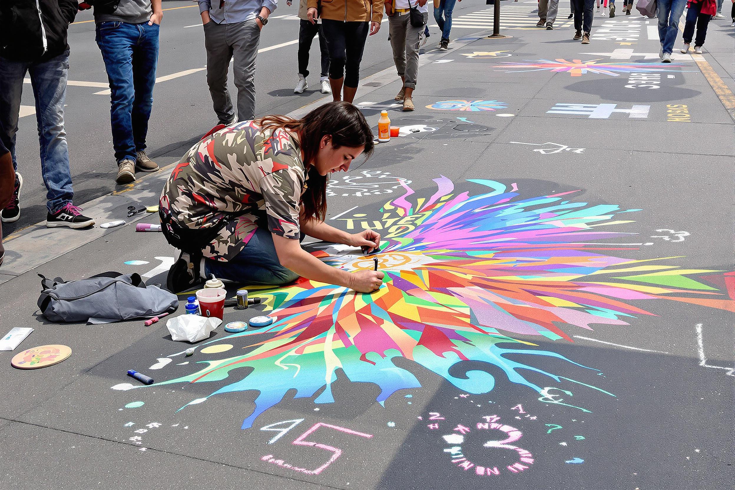 An urban street artist immerses in creativity as they craft vibrant chalk drawings on a busy sidewalk. Colorful designs burst from the pavement, captivating passersby who pause to admire the artwork. Natural daylight illuminates the scene, with onlookers’ expressions reflecting curiosity and appreciation for this spontaneous display of creativity.