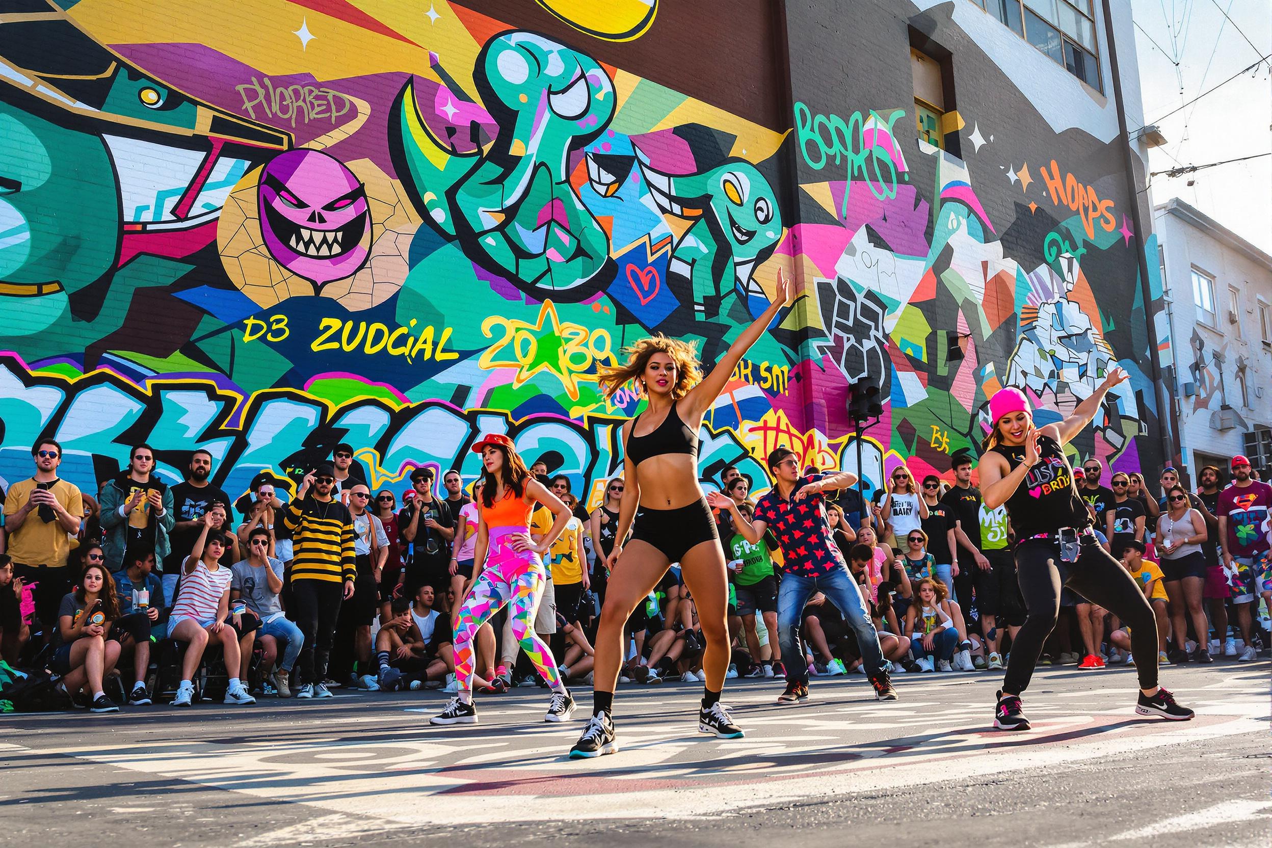 An energetic street dance competition unfolds in an urban setting. Dancers showcase their skills in vibrant outfits, captured mid-move under the late afternoon sun. Spectators cheer enthusiastically from the sidelines, supporting diverse talent. Colorful graffiti walls provide a visually appealing backdrop, enhancing the scene's excitement and dynamic energy.