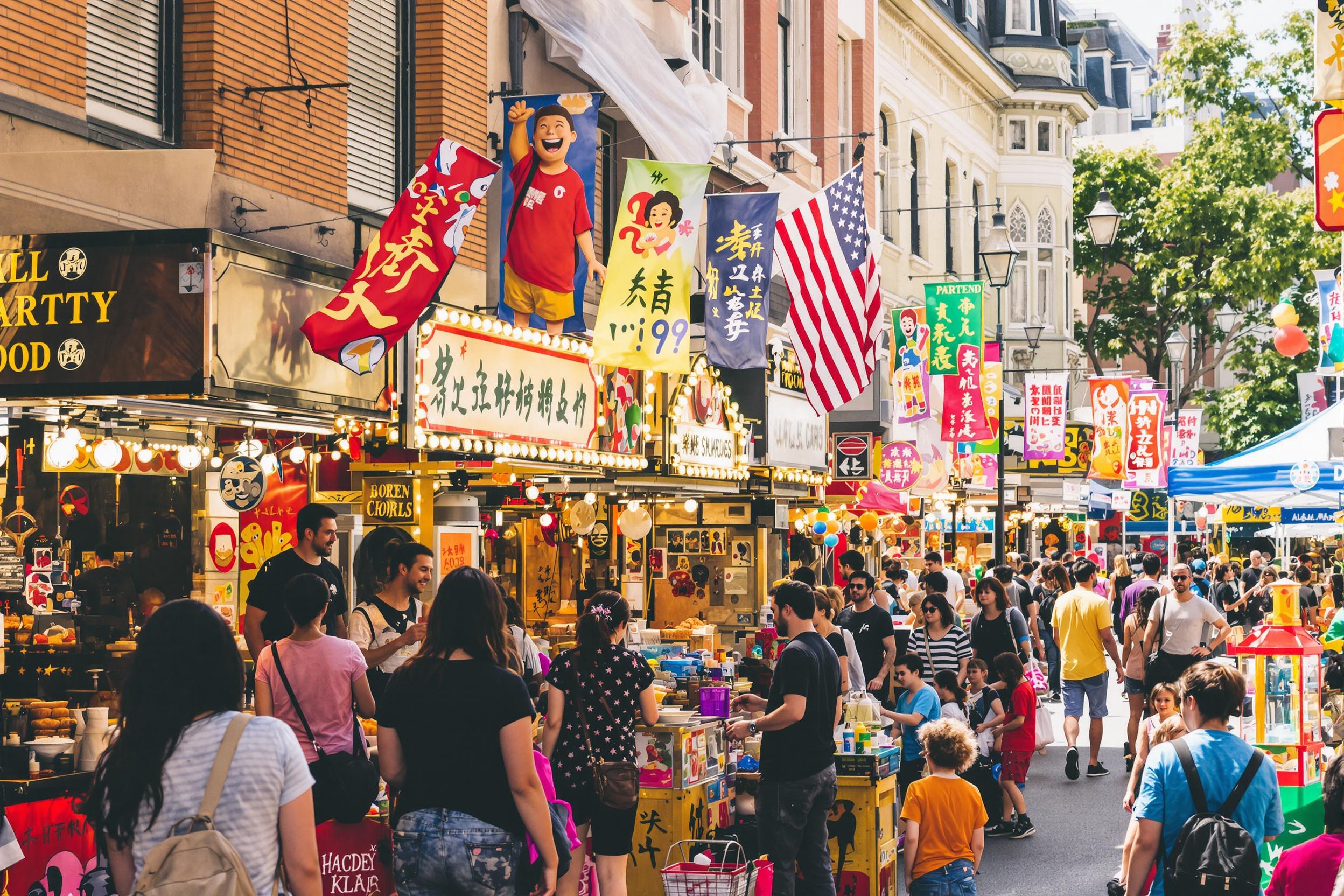 A vibrant street fair flourishes along a bustling urban avenue bathed in warm afternoon sunlight. Stalls adorned with colorful banners and lights display an array of street food, creating a lively atmosphere. Groups of friends laugh as they sample dishes, while children play carnival games, filling the scene with joy and energy.