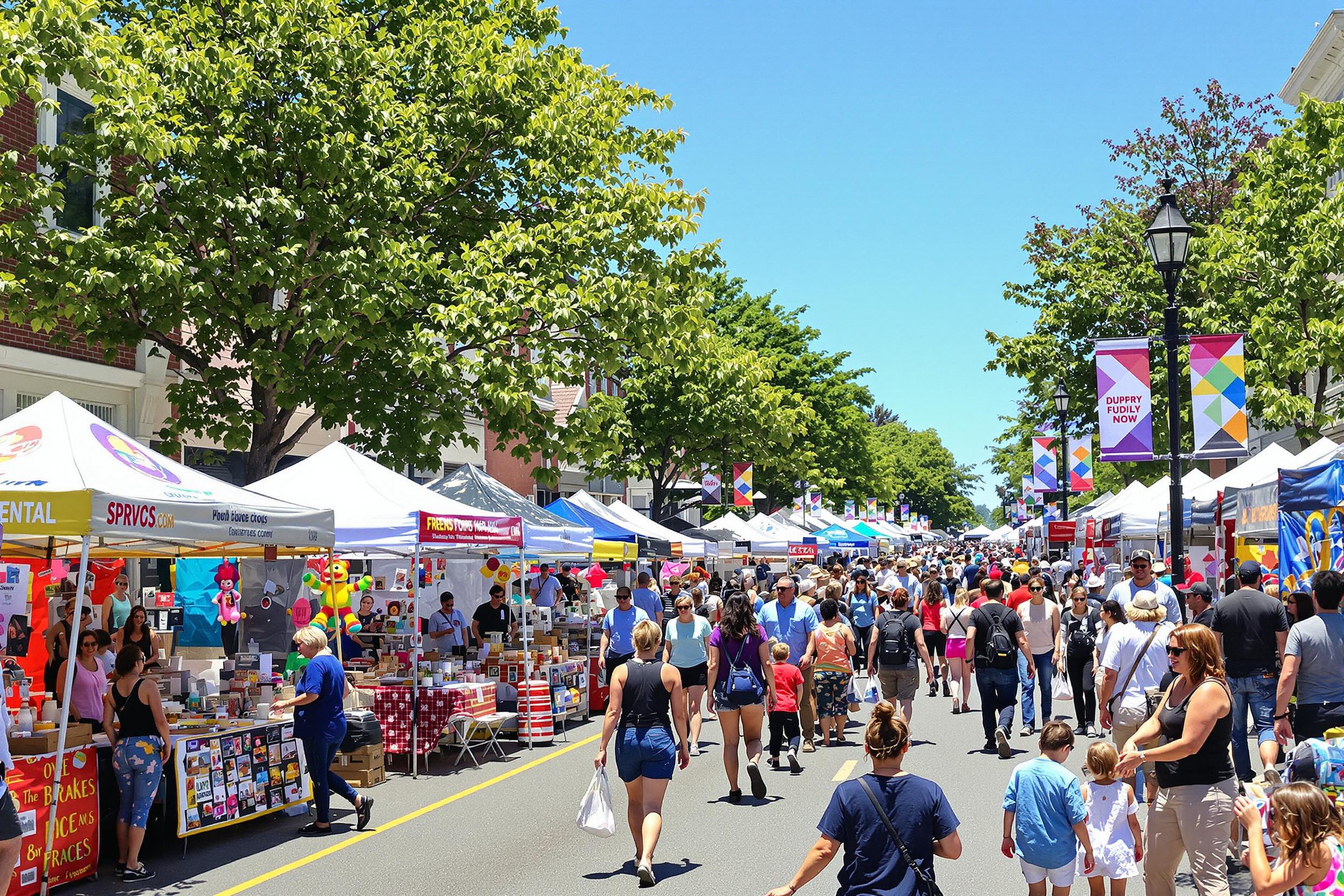 A lively street festival bursts into life as colorful tents line a bustling avenue. Vendors showcase handmade crafts and delicious foods, while a diverse crowd mingles, laughing and enjoying live music. The vibrant spirit of the community is evident with performers entertaining and children playing, all framed by bright blue skies.