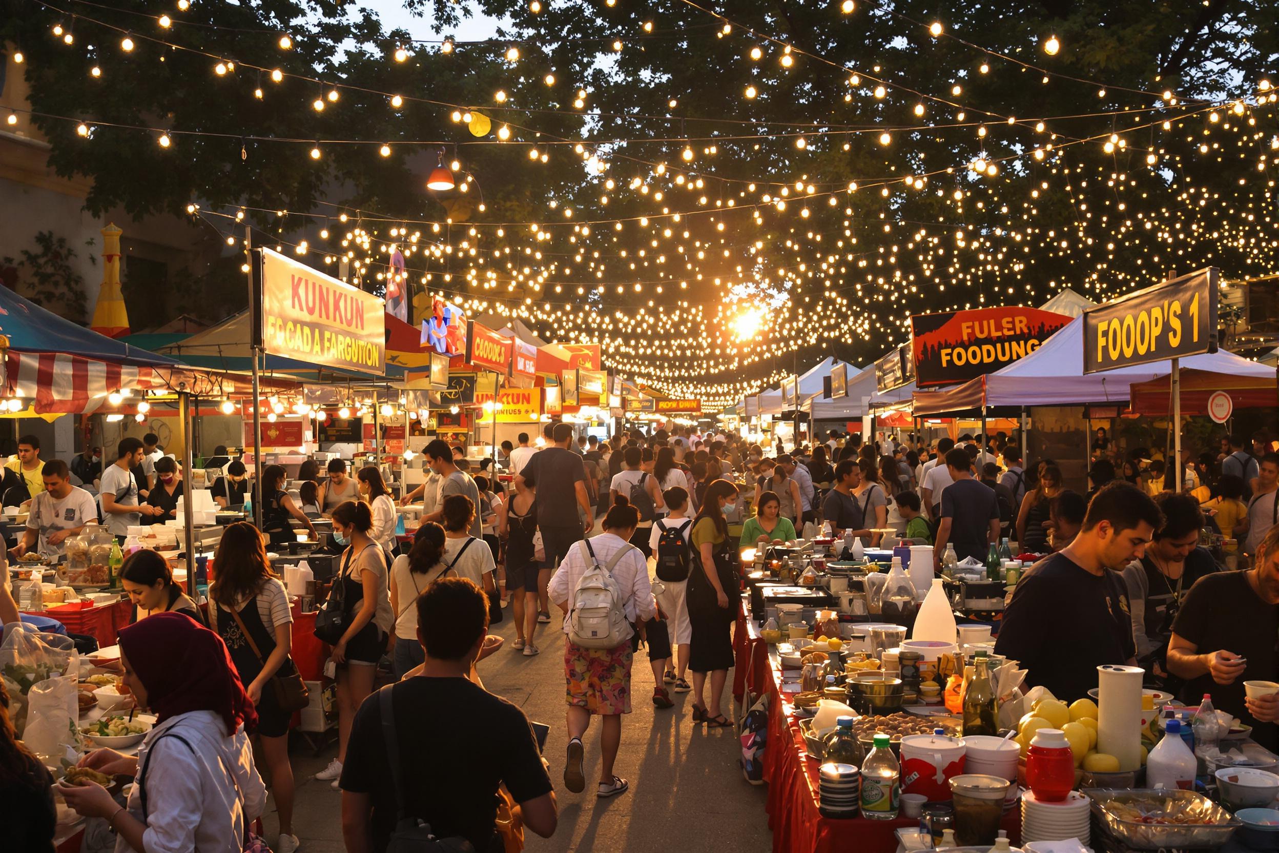 A lively street food festival buzzes with energy as vendors serve delicious dishes from colorful stalls. The evening sun casts a warm glow, illuminating excited faces sampling various cuisines. Aromatic spices fill the air while families and friends gather, sharing meals under strings of twinkling lights that add to the festive atmosphere.