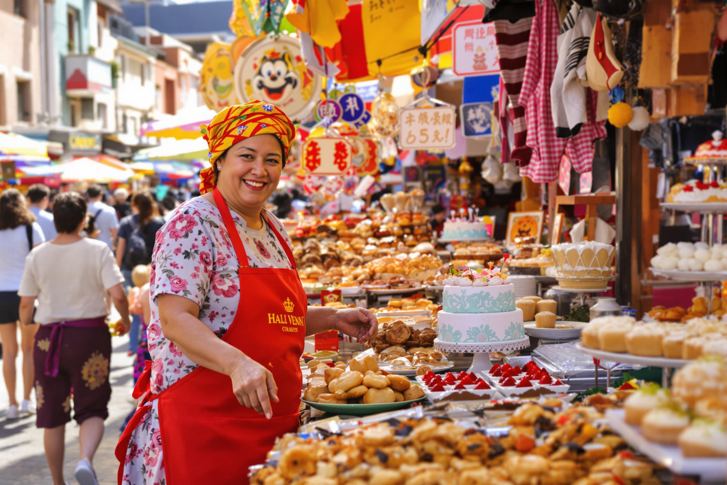 A vibrant street vendor sells traditional pastries at a bustling outdoor market. The scene is alive with shoppers exploring colorful displays, while the warm sunlight highlights an array of baked goods. The vendor, wearing a cheerful apron, showcases delicacies such as flaky pastries and ornate cakes, inviting passersby to indulge.