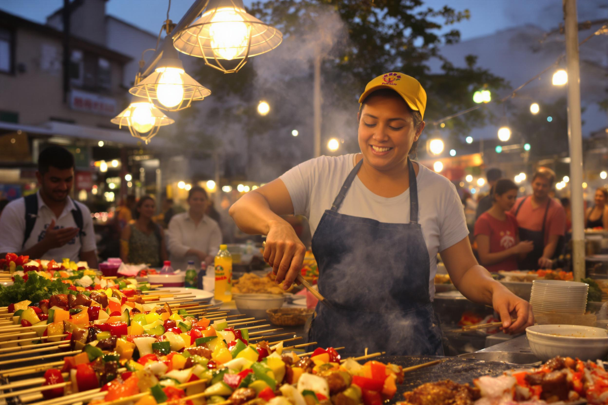 An energetic street food vendor expertly prepares vibrant skewers filled with a medley of marinated vegetables and juicy meats at an outdoor market during twilight. Illuminated by warm overhead lights, the colorful skewers sizzle tantalizingly on the grill, while the cheerful atmosphere buzzes with laughter and chatter from nearby patrons.