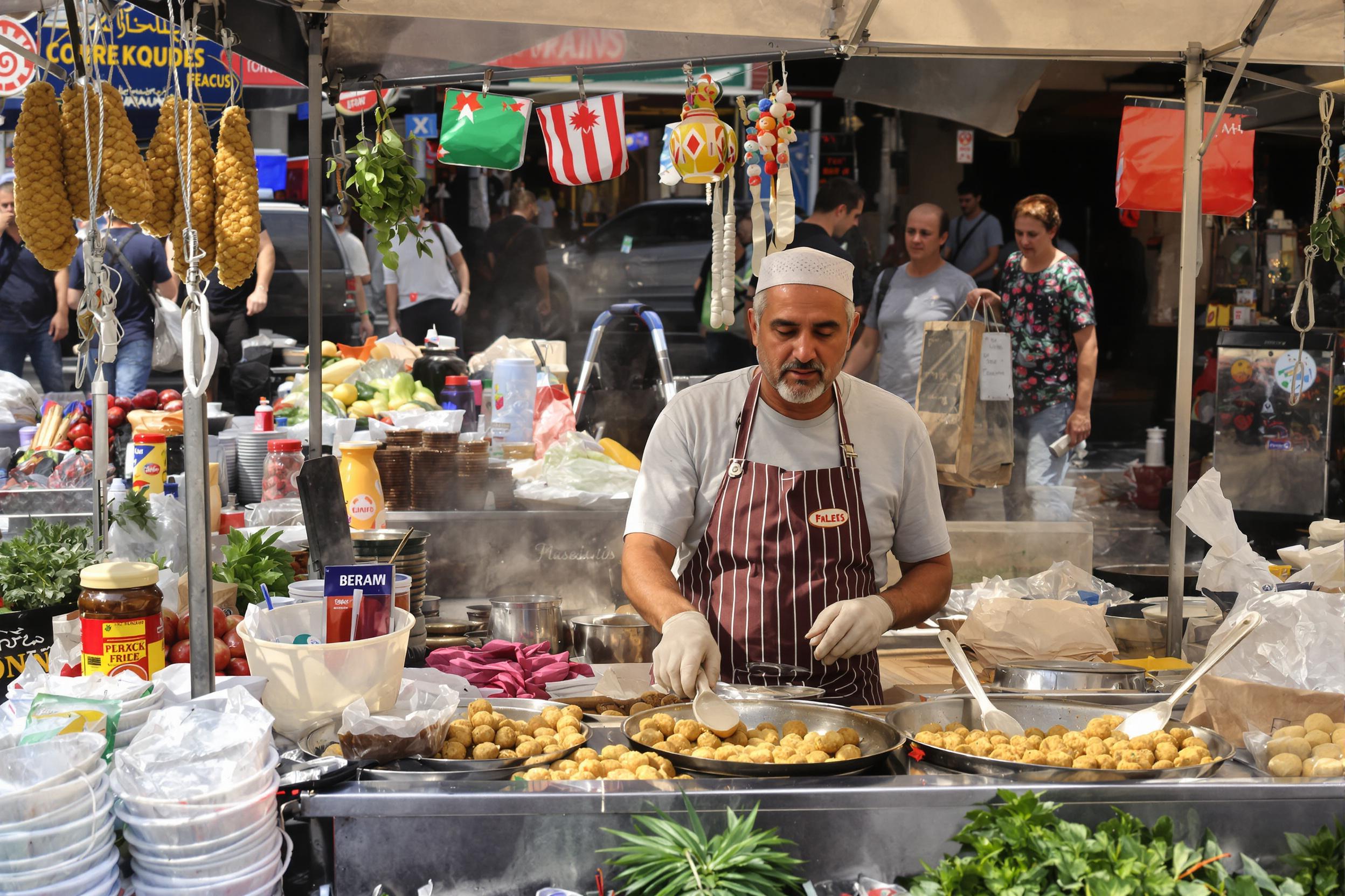 A lively street vendor stalls at a bustling urban marketplace. The vendor, a middle-aged Middle-Eastern man in a t-shirt and apron, skillfully prepares fresh falafels, surrounded by vibrant displays of vegetables and spices. Sunlight gleams off the metallic cooking equipment, creating an inviting atmosphere filled with delicious aromas.