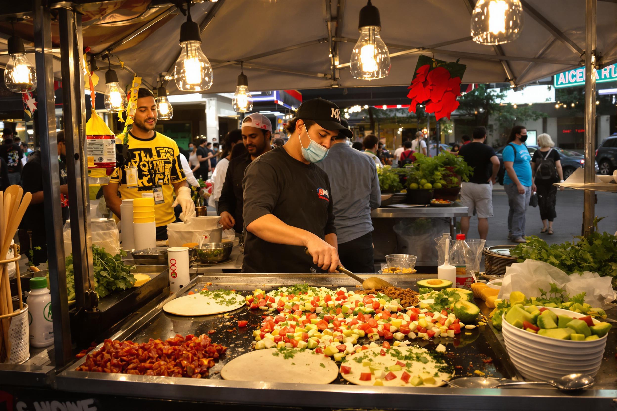 A lively street food vendor stands behind a busy taco cart, skillfully preparing delicious tacos. Freshly cooked tortillas sizzle on a hot griddle, while vibrant toppings like diced tomatoes, cilantro, and avocados are artistically arranged around them. Excited customers gather nearby, captivated by the enticing aromas and flavors, all under the warm glow of hanging lights.