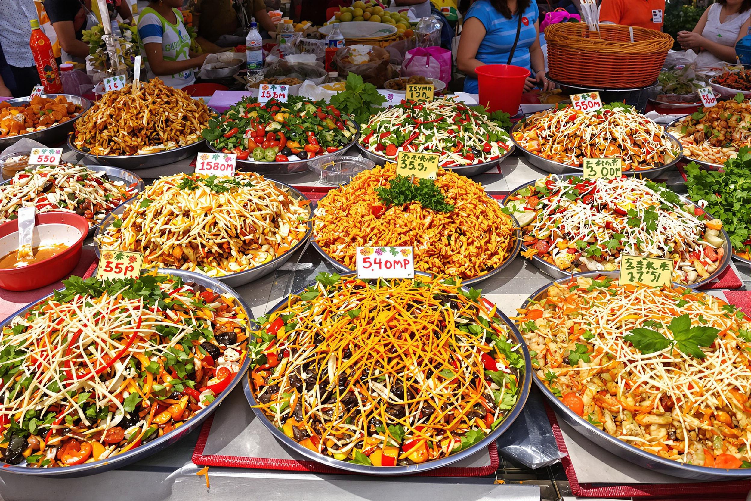 A vibrant display of street food dishes showcases intricate designs and vivid colors at a bustling market. Each dish is artfully arranged, featuring diverse ingredients such as fresh herbs, colorful vegetables, and sauces drizzled artistically. The midday sunlight highlights textures, inviting onlookers to appreciate the culinary artistry and rich flavors presented beautifully.