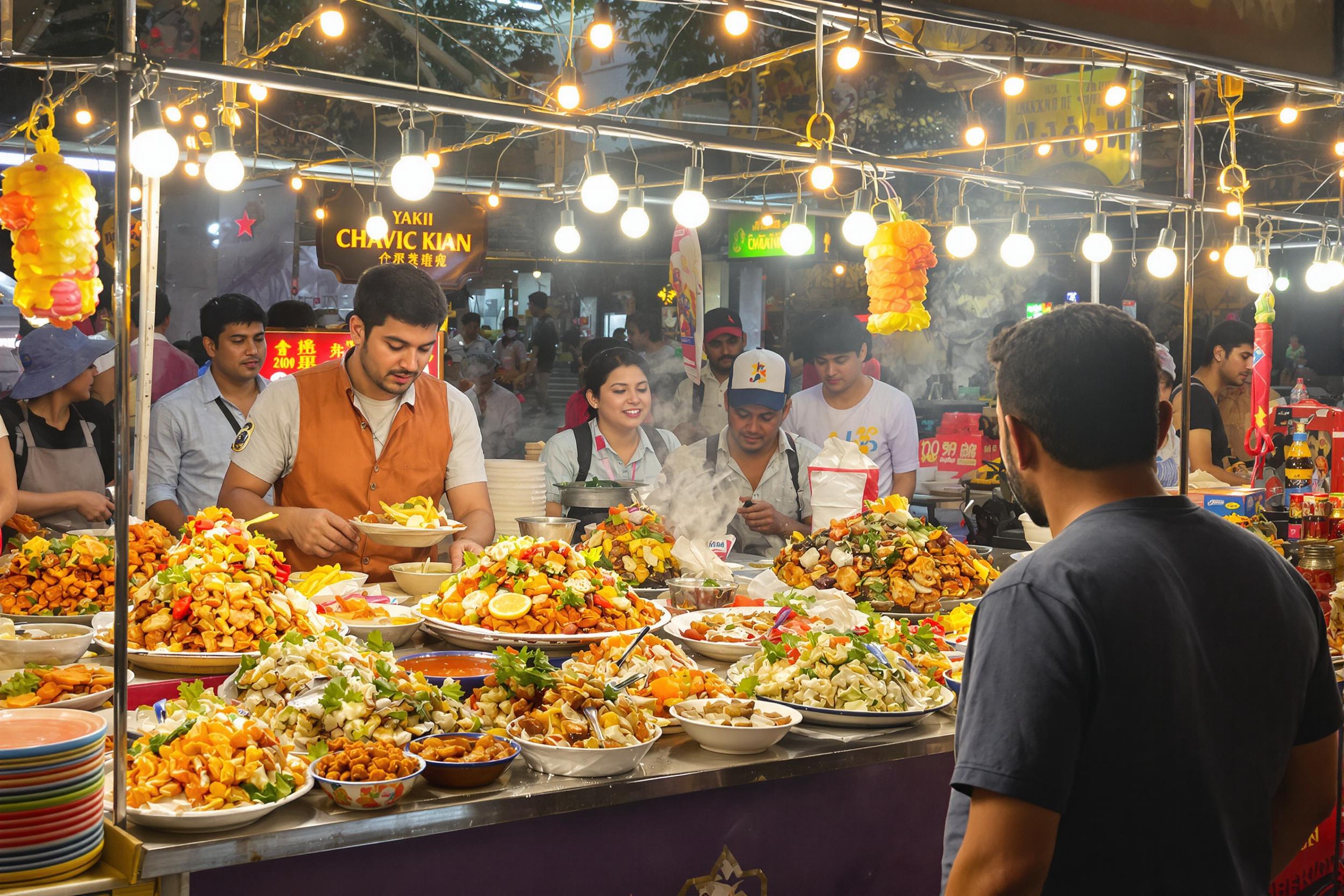 An energetic night scene captures a lively street food vendor bustling with activity. Colorful dishes loaded with enticing ingredients are showcased on a brightly lit table. Patrons engage excitedly as the vendor prepares meals, their expressions illuminated by warm string lights overhead. The dynamic atmosphere buzzes with flavor and culture.