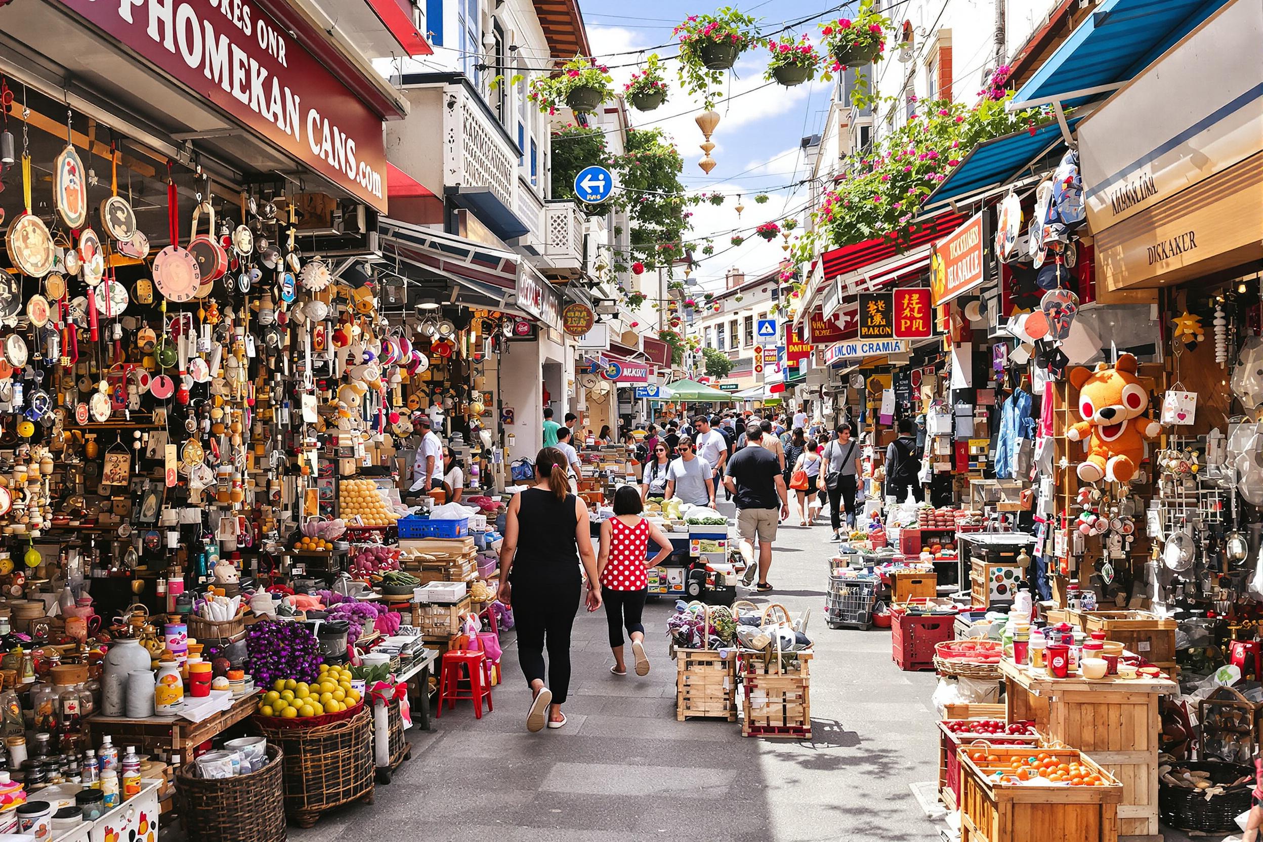 A lively street market bursts with energy as vendors display unique handcrafted goods under bright midday sunlight. Colorful stalls line the walkway, filled with artisanal products, fresh produce, and eclectic trinkets. Shoppers weave through the bustling aisles, engaged in vibrant conversations with friendly vendors. The air is fragrant with spices and flowers, creating a delightful atmosphere.