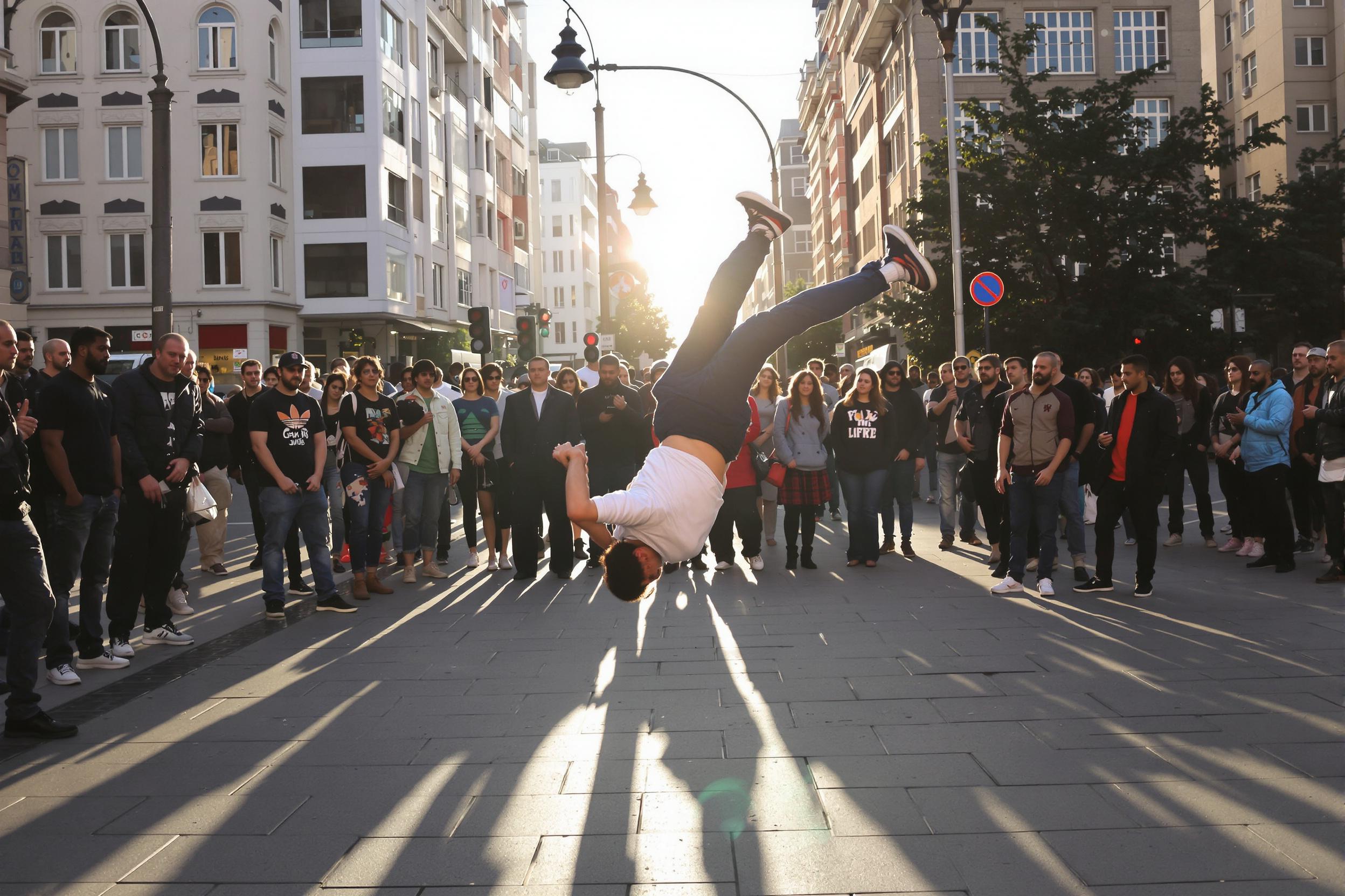 A vibrant street performance unfolds on a busy city corner, where a breakdancer showcases impressive moves. The artist is captured mid-air, defying gravity with a dynamic pose. Enthralled spectators, diverse in age and background, gather closely, their shadows stretching on the pavement under the warm late afternoon light. Urban buildings provide a textured backdrop, heightening the energetic scene.