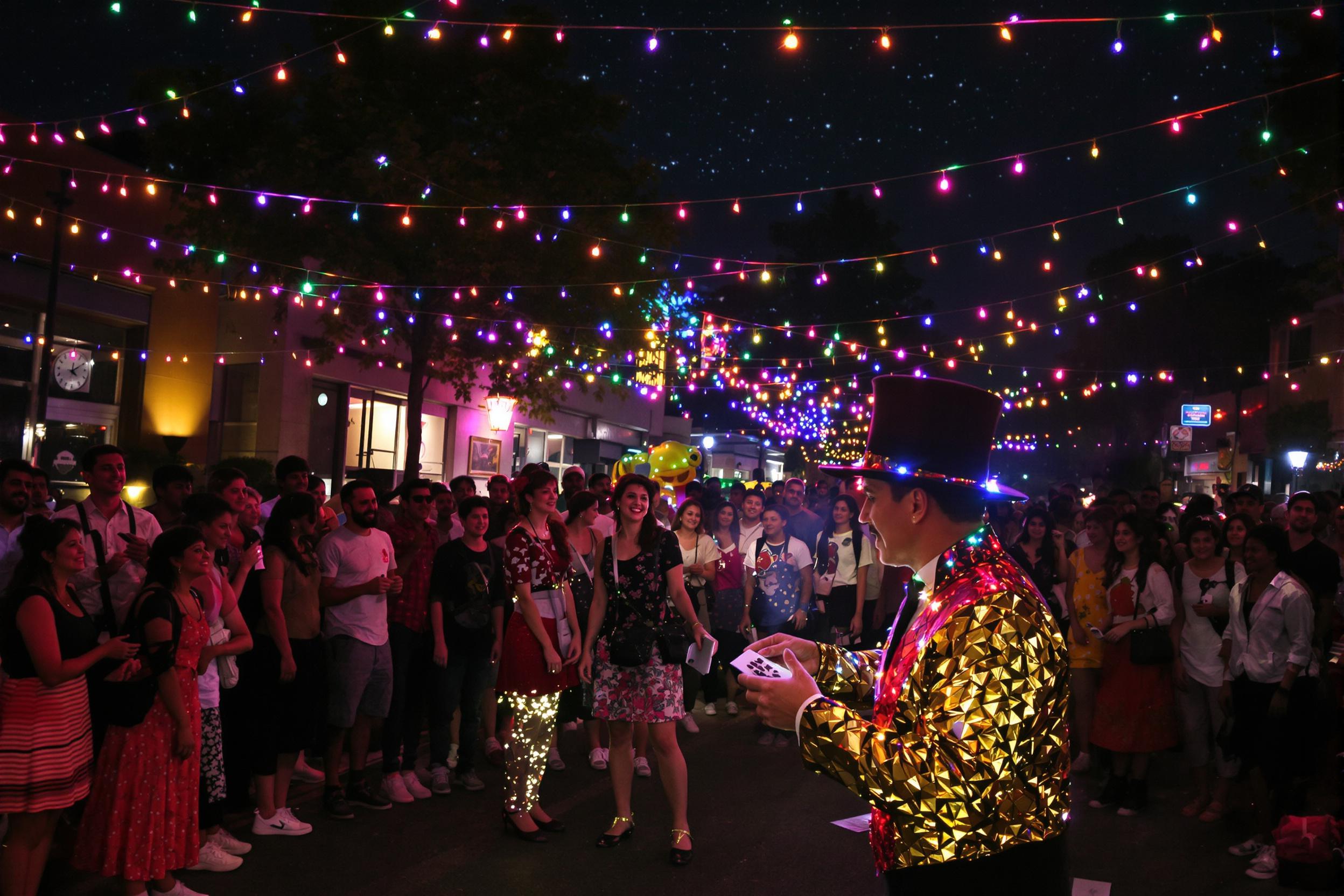 A lively street performance unfolds under a starry evening sky, illuminated by colorful string lights. A magician captivates a diverse gathering with dazzling card tricks, while onlookers smile and cheer, creating an infectious energy. The vibrant attire of the performers contrasts against the darkened city streets, enhancing the festive atmosphere and highlighting the sense of community.