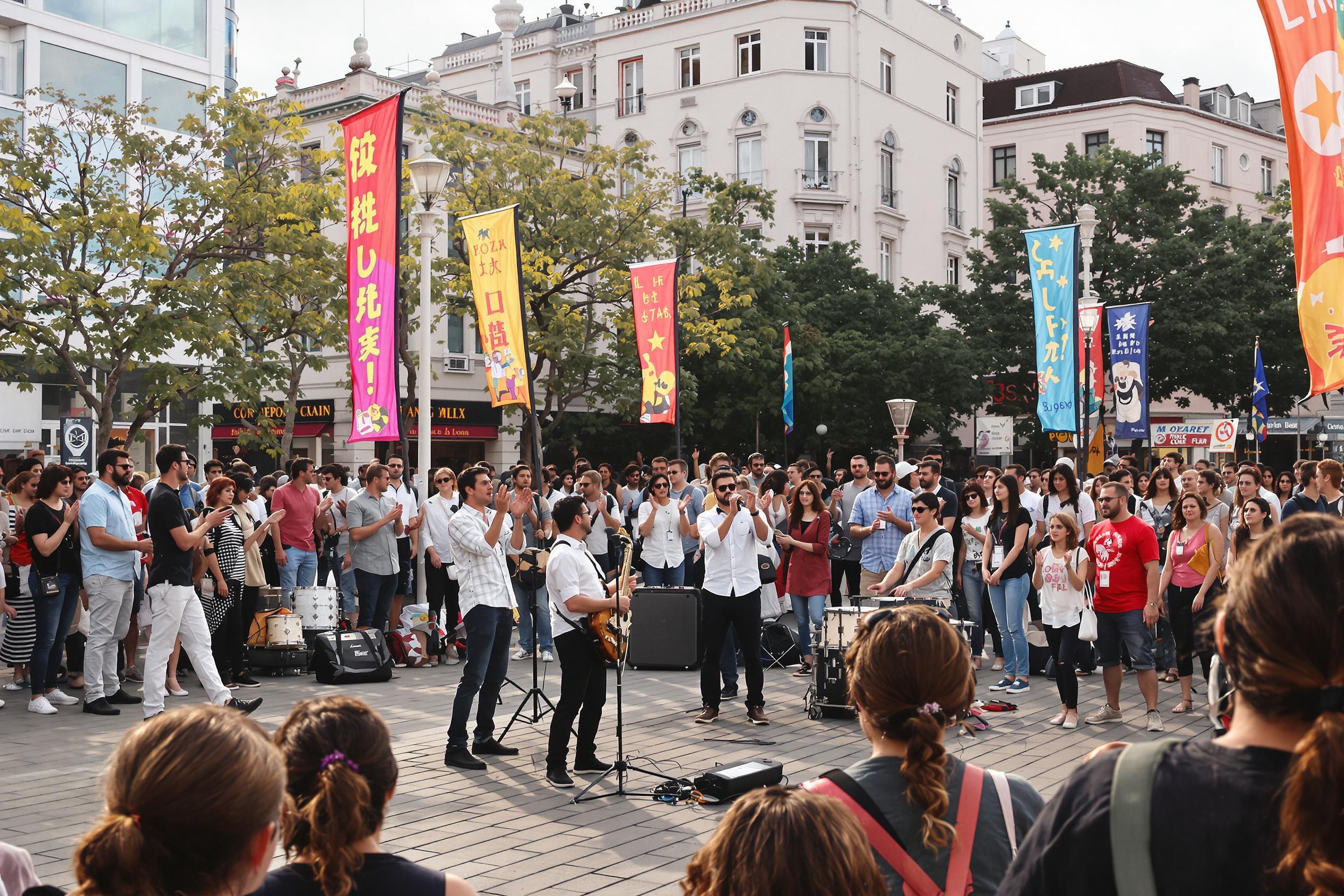 A lively street performance unfolds in a bustling city square as musicians entertain a captivated audience. The early evening light casts a warm glow over the scene, illuminating joyful faces and rhythmic movements. Colorful banners flutter nearby, adding vibrancy, with a mix of people clapping and enjoying the engaging music.