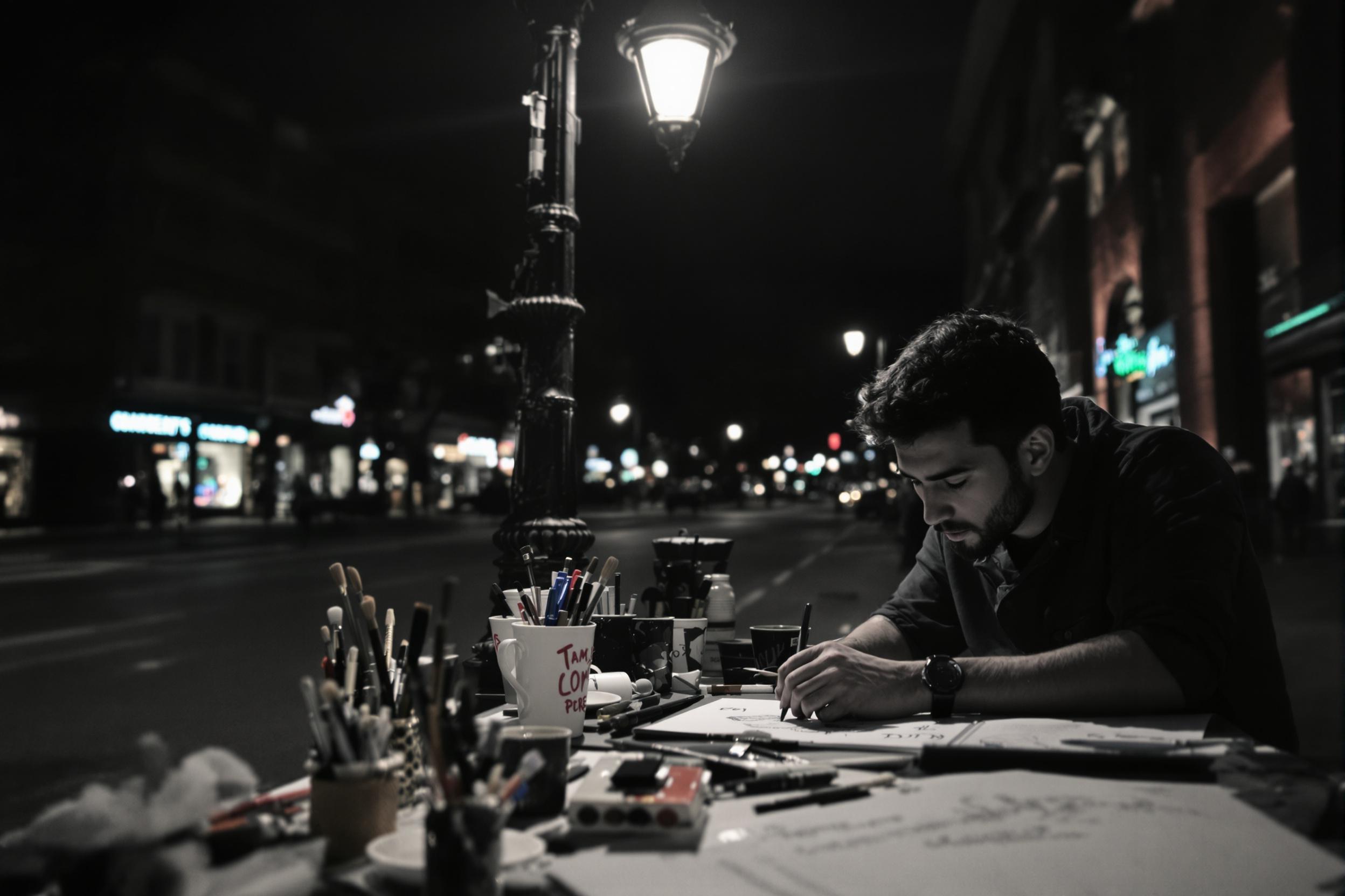 A young street artist works under the dim glow of an old-fashioned lamppost on a quiet urban night. The medium close-up captures their hand sketching deftly on a paper pad surrounded by a small assortment of pens, brushes, and coffee cups marked with wear. In the blurred distance, faint neon shop signs add muted splashes of color to the desaturated city.