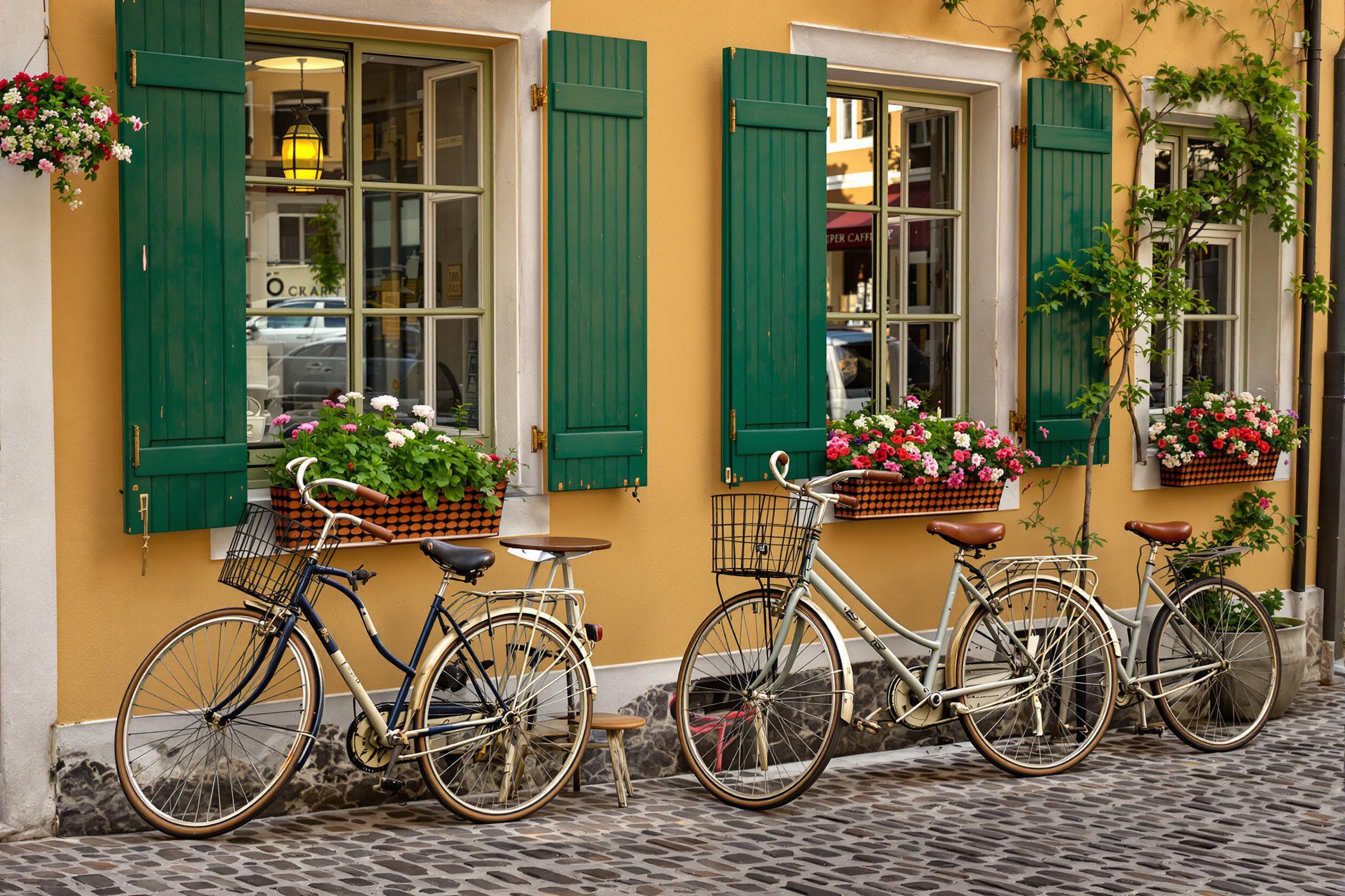 A quaint street scene features vintage bicycles parked beside a charming café. Cobblestone streets glisten under soft midday light, enhancing the nostalgic feel. The café's warm façade boasts green window shutters and flowering pots that add vibrancy. Nearby tables invite patrons, while intricate patterns on the bike frames reflect craftsmanship.