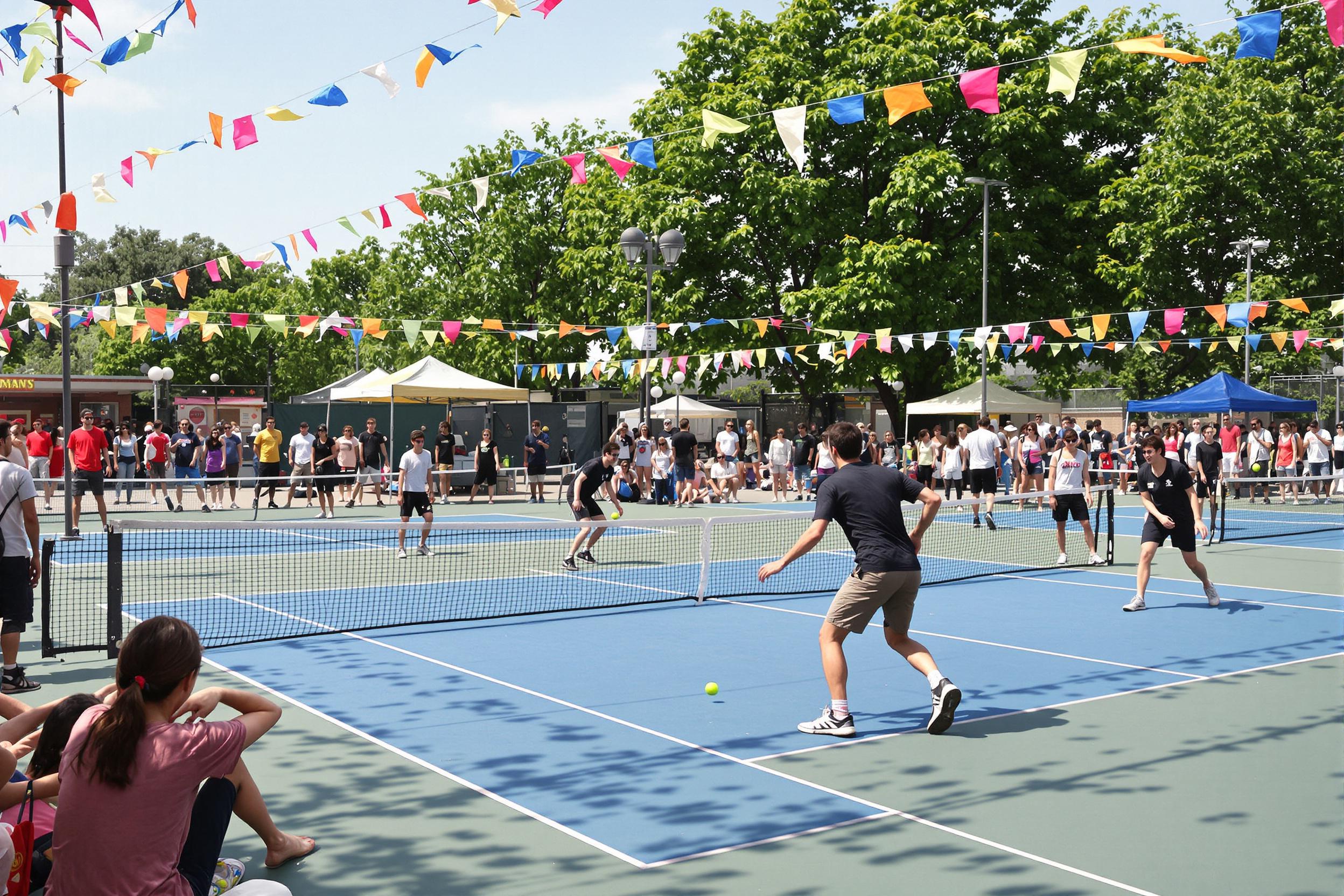 A spirited street tennis tournament takes place in a vibrant urban park, where amateur players exhibit impressive skills amidst enthusiastic spectators. Bright midday sunlight illuminates the scene, highlighting the swift movements of players as they engage in heated matches. Colorful banners flutter overhead, enhancing the lively atmosphere, while groups of friends cheer from the sidelines.