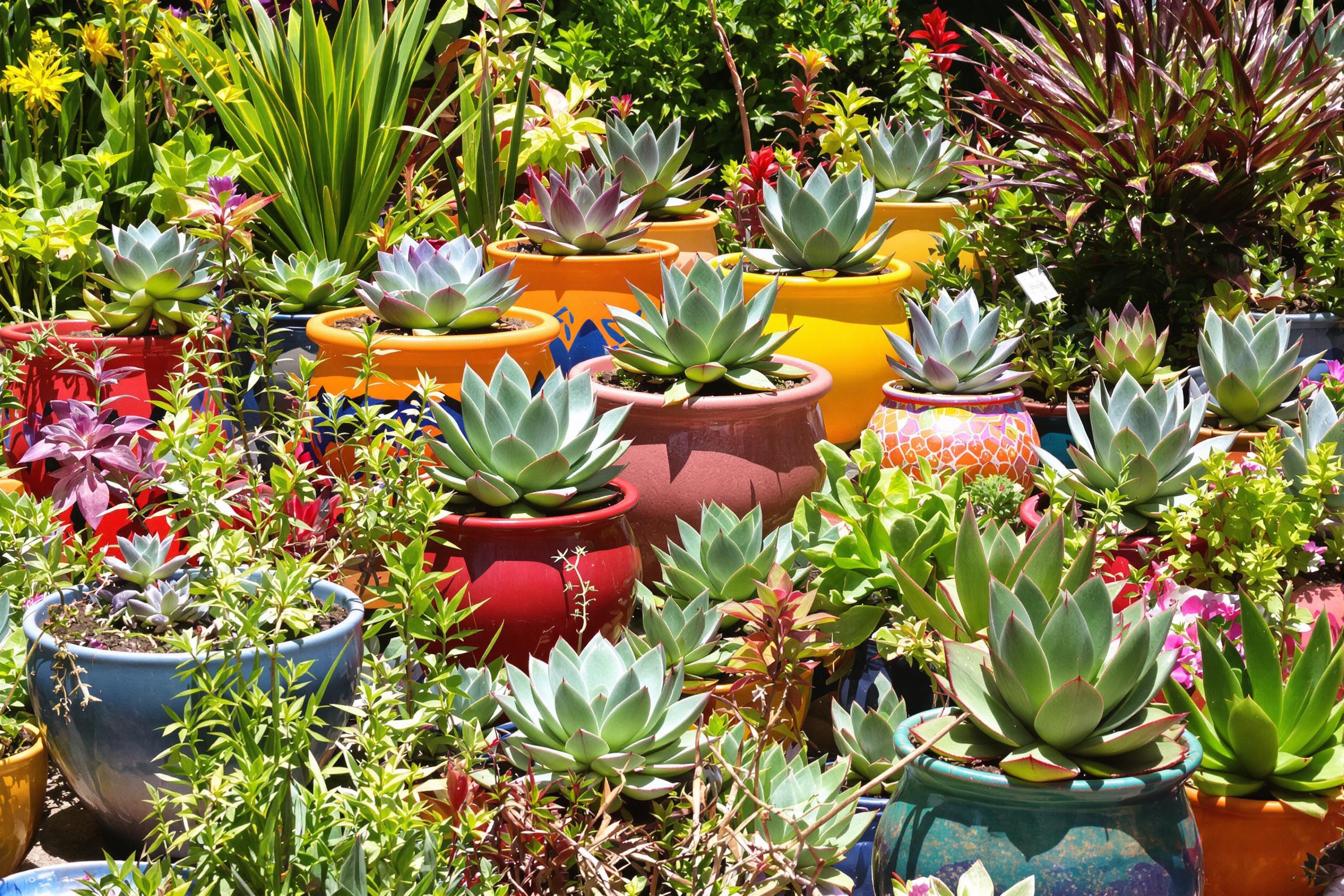 A stunning garden features a variety of succulents thriving in colorful ceramic pots. The succulents display unique shapes and textures against a backdrop of lush greenery. Bright midday light floods the space, enhancing the vivid hues of the plants and casting delicate shadows on the ground. The arrangement invites exploration and admiration for these resilient beauties.