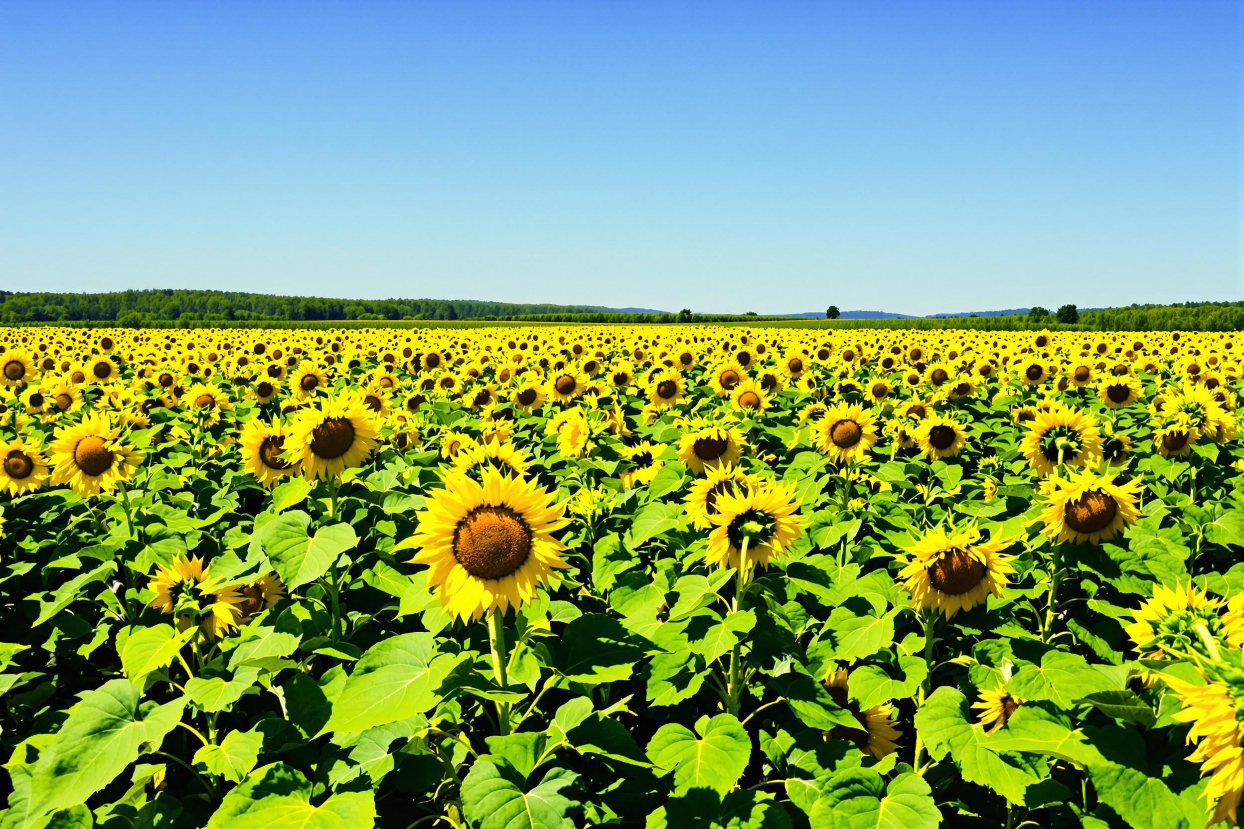 A vast field of sunflowers stretches towards the horizon under a brilliant blue sky. Tall, golden flowers with large, round heads bask in the radiant midday sun, their bright yellow petals contrasting beautifully against lush green leaves. The scene conveys a sense of vitality and openness, inviting viewers to immerse themselves in nature's beauty.