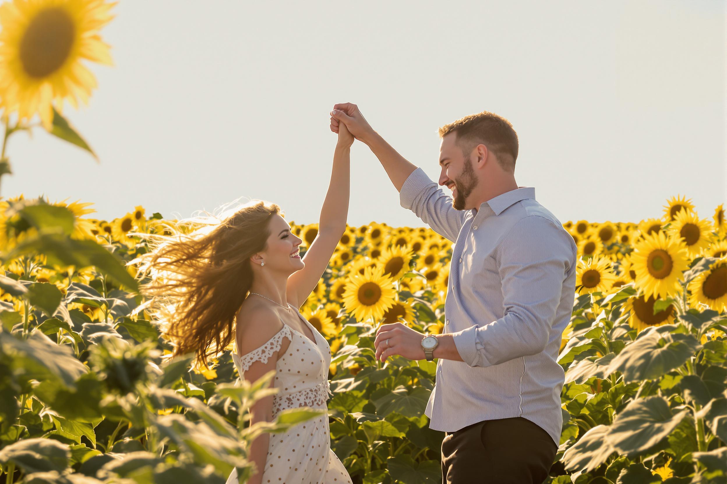 A joyful young couple dances freely in a vast sunflower field, their laughter mingling with the gentle evening breeze. Golden rays of sunlight filter through tall sunflower stalks, creating a warm, inviting glow around them. The vibrant yellow blooms stretch endlessly, providing a picturesque backdrop for this intimate moment, their bright petals contrasting against the blue sky.