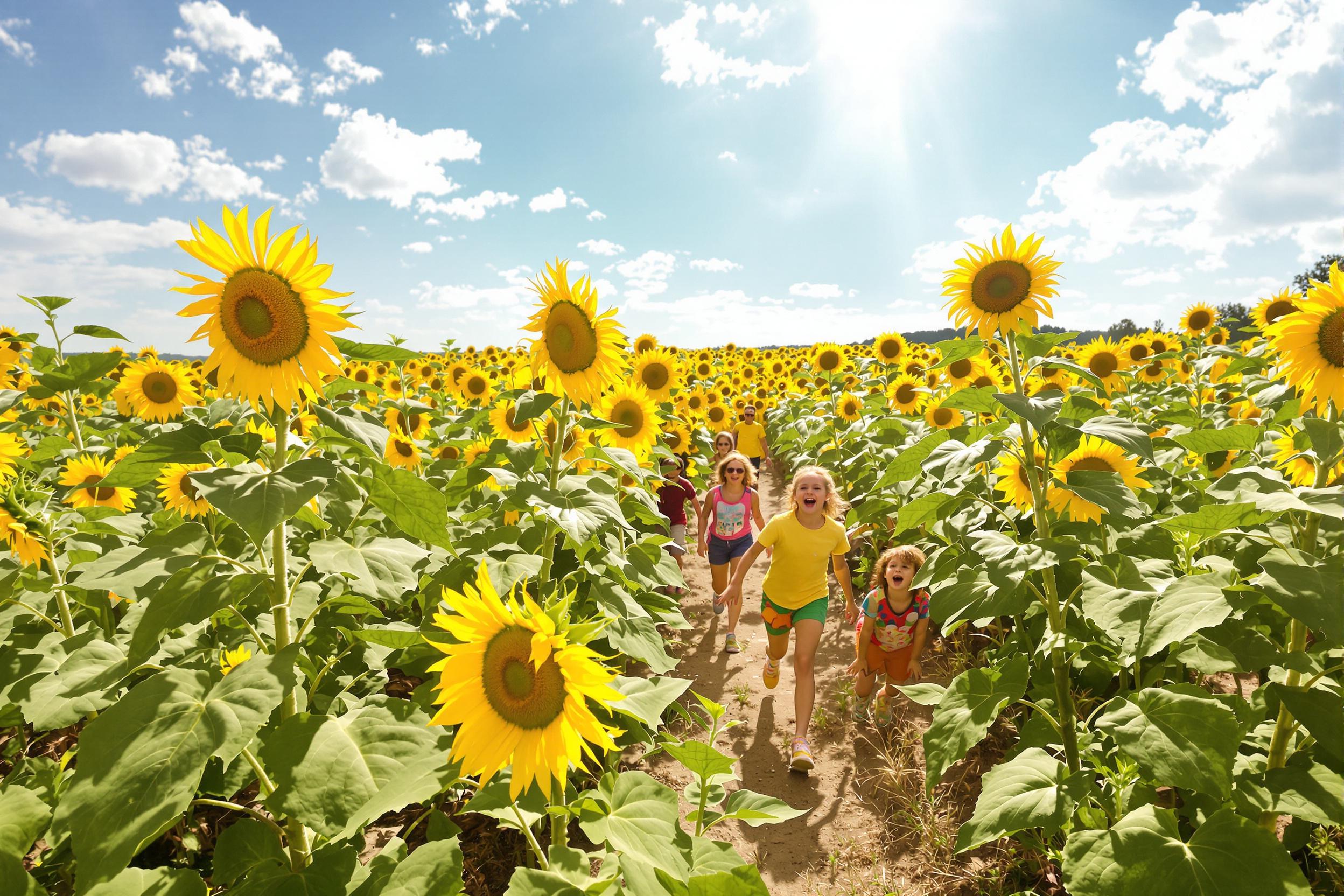 A playful scene unfolds in a sprawling field of sunflowers under a brilliant summer sky. Children with laughter gleefully run through the golden blooms, their outfits layered with bright colors. Sunlight pours over the landscape, illuminating the petals and creating a joyful atmosphere. Some children play hide-and-seek among the towering stalks, enhancing the enchanting feel of this carefree summer day.