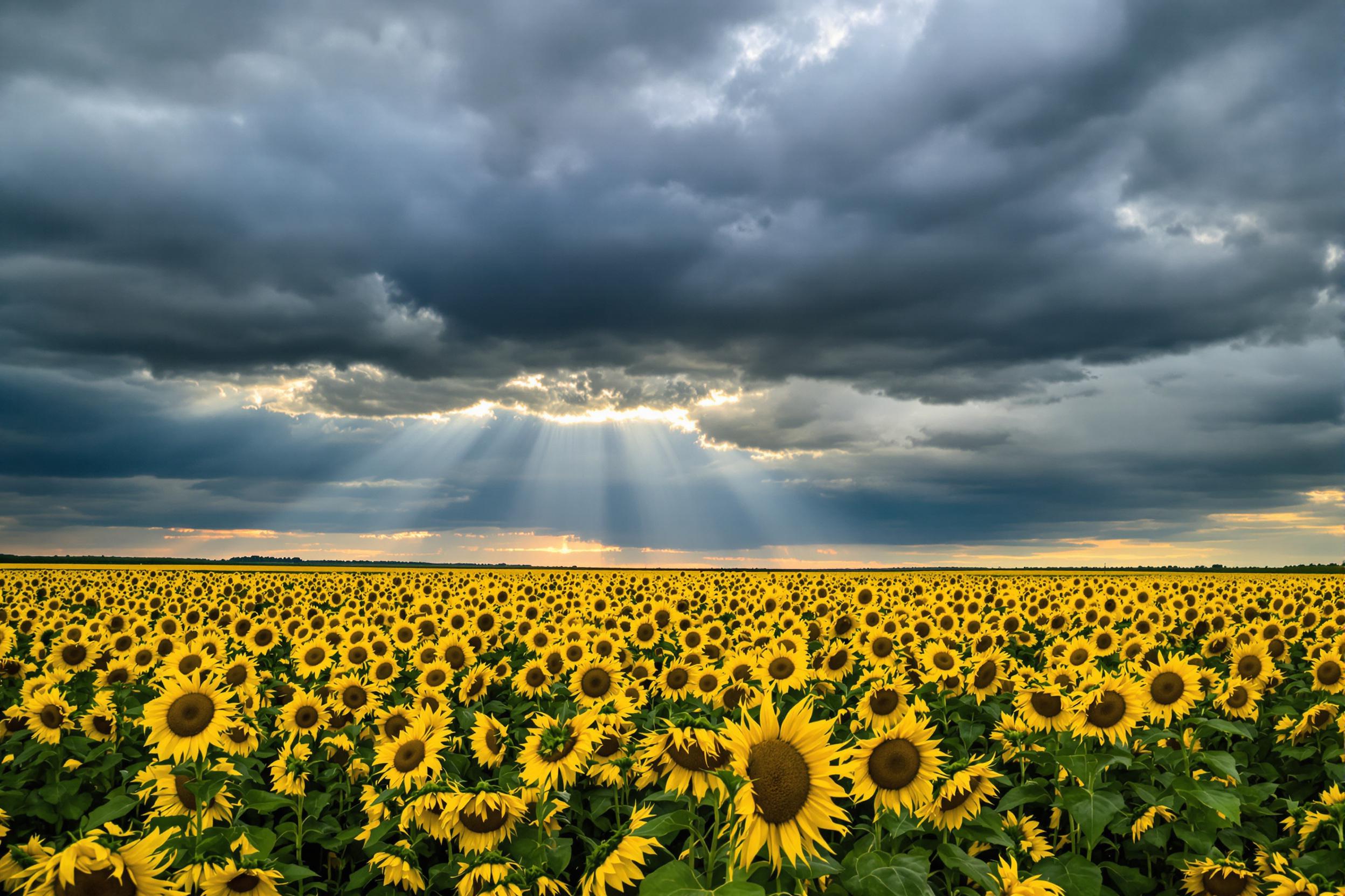 A sprawling field of vivid sunflowers stretches beneath an ominous stormy sky, their golden-yellow hues radiating warmth against the deep steel-blue backdrop. Low-hanging, textured clouds create a dramatic interplay with sunlight breaking through in beams. The foreground details crisp sunflower petals contrasting subtly blurred layers in shades of green beyond.