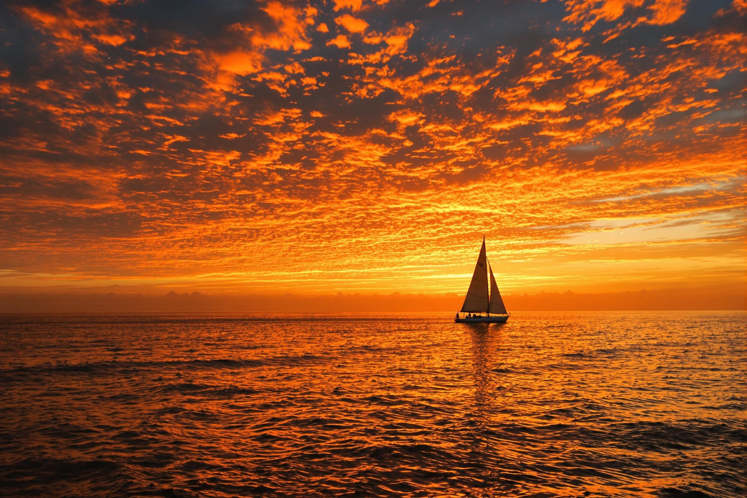 Against a vivid sunrise, a solitary sailboat gracefully traverses calm ocean waters. The sky ignites with deep oranges and radiant yellow tones, contrasting the boat’s dark silhouette. Rippling waves reflect fiery hues, creating dynamic patterns across the open sea. Subtle mist enhances the tranquil atmosphere.