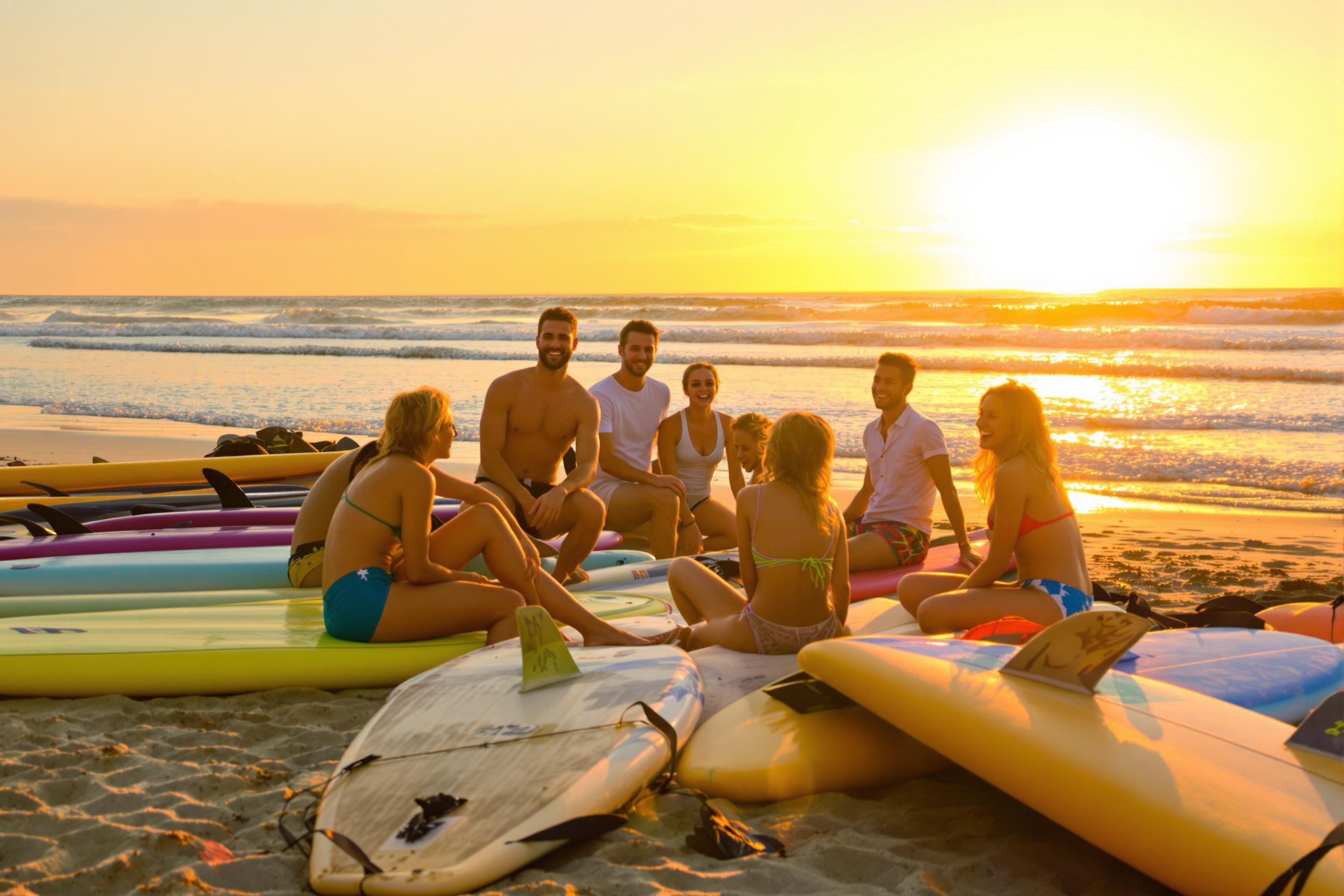 A vibrant scene unfolds as a group of friends enjoys a beautiful sunset at the beach. Colorful surfboards rest on the sand while the warm golden glow of the setting sun stretches across the horizon. Laughter fills the air as they gather together, their relaxed postures reflecting joy and camaraderie. The tranquil waves gently lap at the shore, completing this idyllic beach moment.