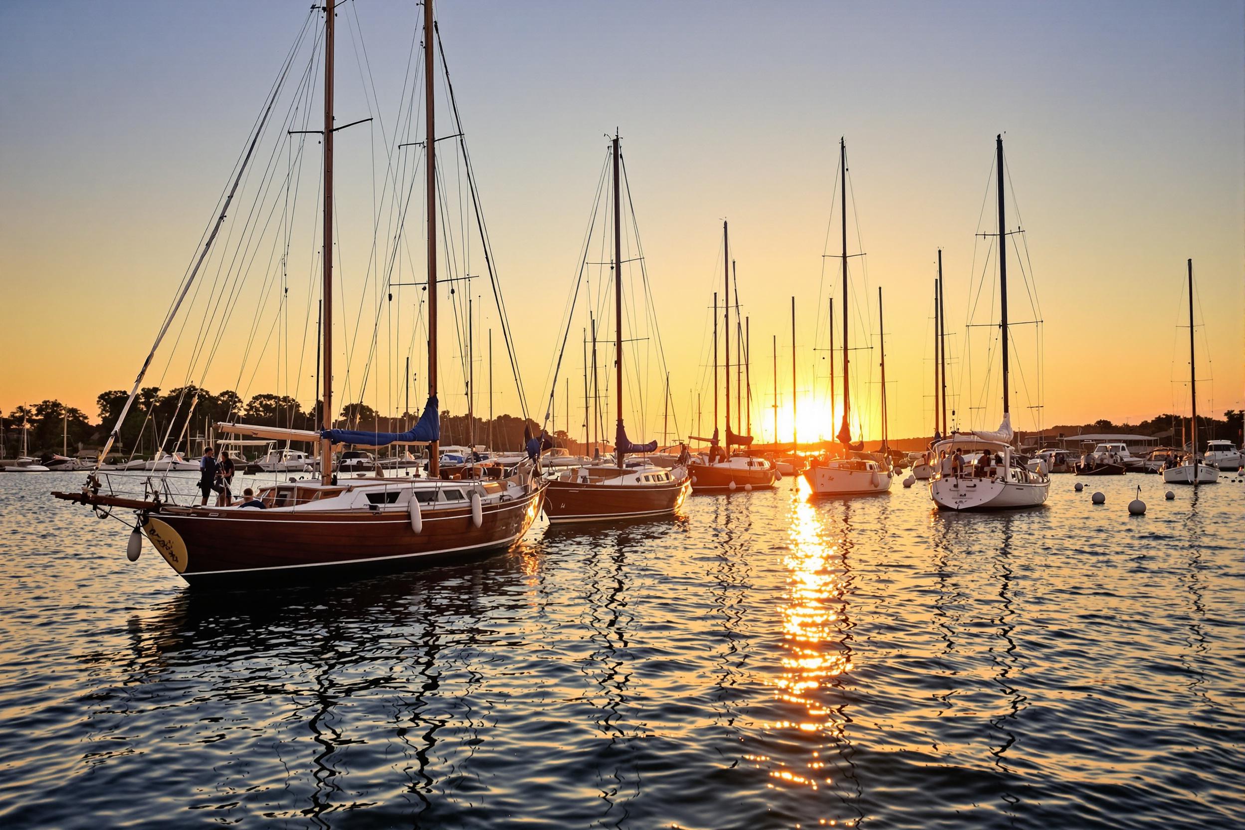 A serene harbor scene at sunset showcases classic wooden sailboats gently bobbing in the water. Their polished mahogany hulls reflect warm golden hues as sunlight sinks below the horizon, casting a romantic glow across the tranquil waters. Soft waves create rhythmic patterns beneath the boats, while distant silhouettes of trees frame the heavenly display, enhancing the peaceful atmosphere.