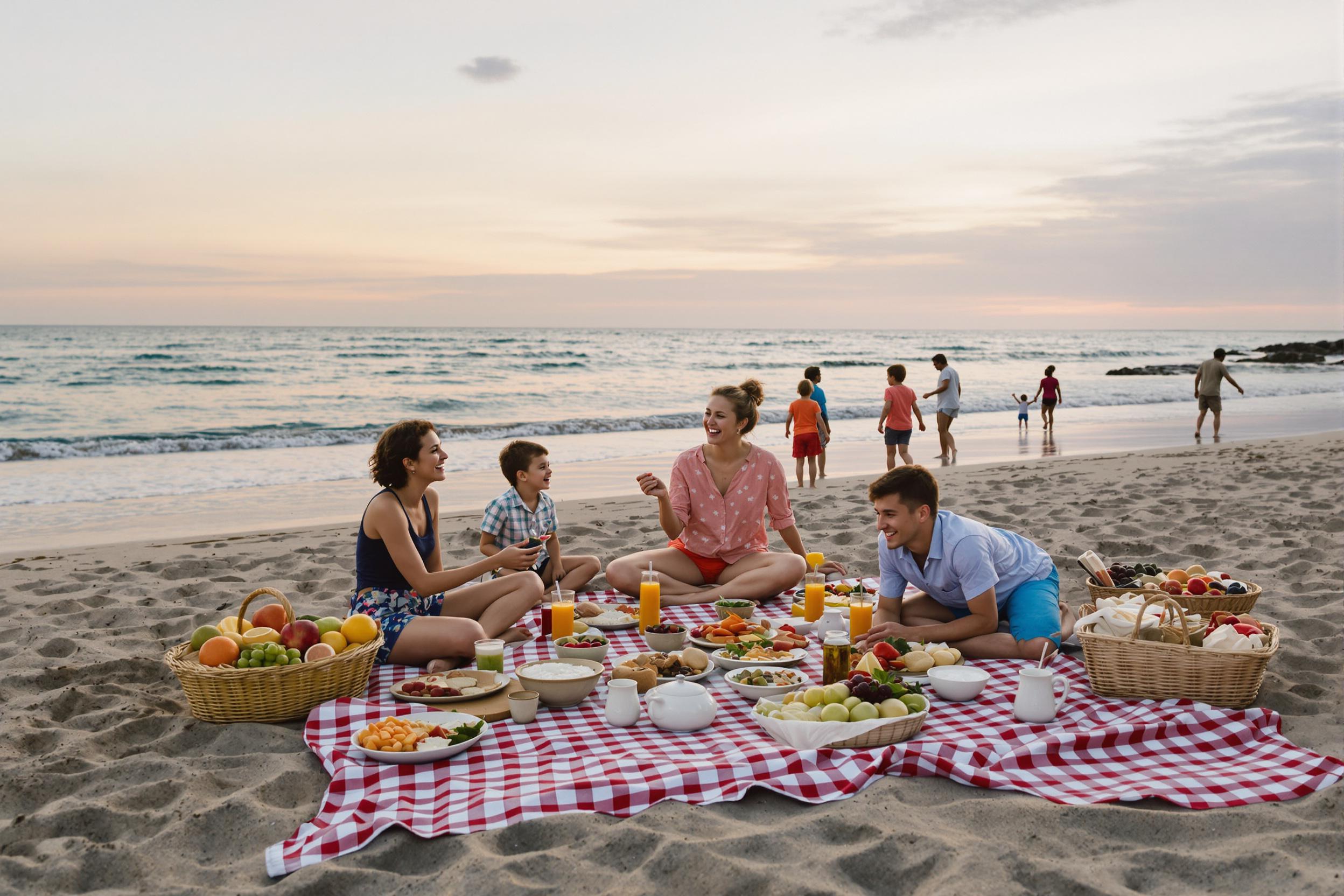 A joyful family picnic unfolds on a sandy beach at sunset. A checkered blanket is spread across the sand, adorned with an array of colorful dishes, fruits, and drinks. Laughter fills the air as children play near the gently lapping waves, their silhouettes illuminated by the warm glow of the setting sun. Soft pastel hues paint the sky, enhancing the serene atmosphere of this cherished moment.