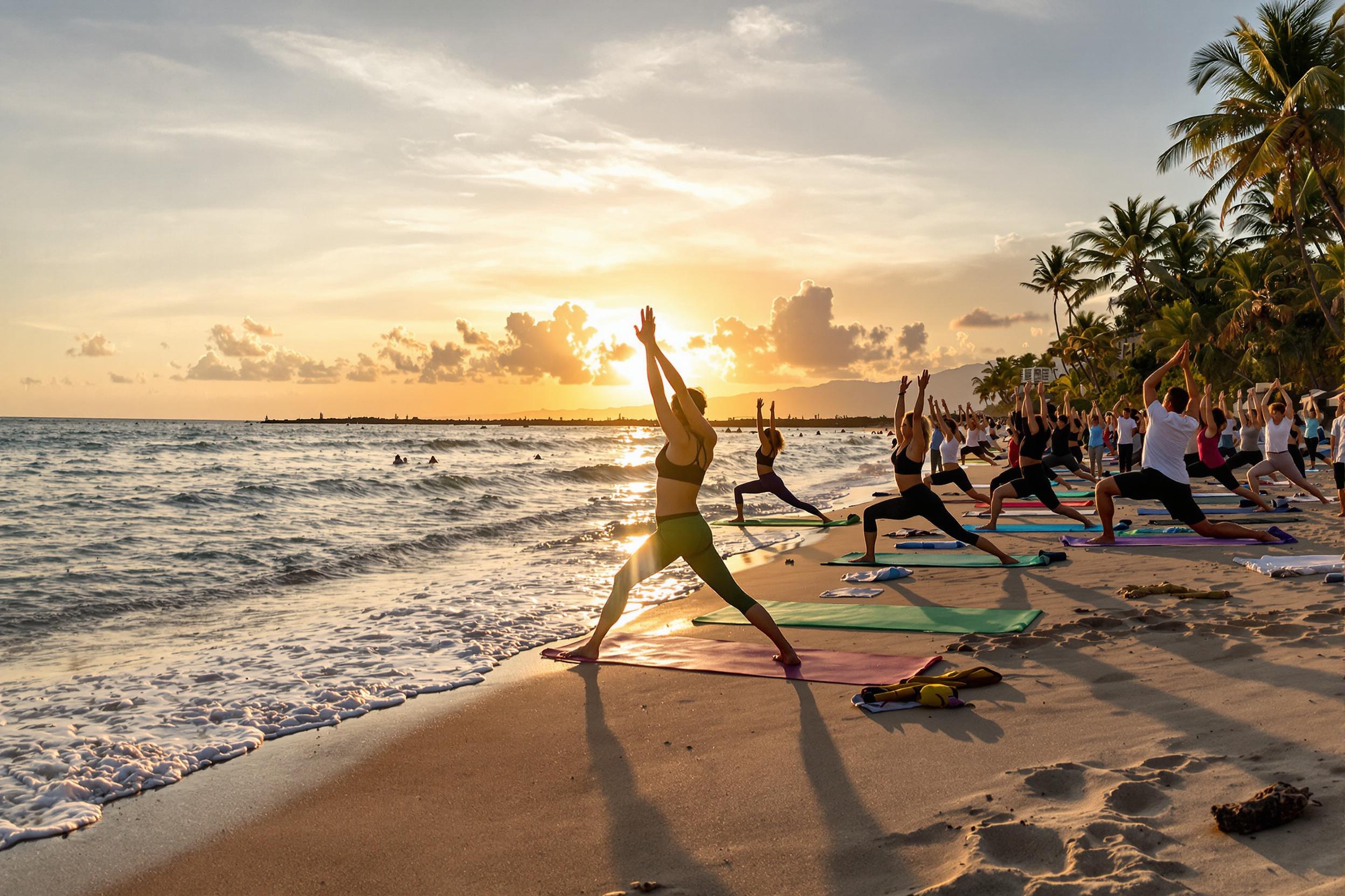 A serene beach yoga session unfolds at sunset, with a diverse group of participants striking poses on colorful mats along the sandy shore. The warm golden light casts elongated shadows while gentle waves lap at their feet. Surrounding palm trees and wispy clouds enhance the blissful atmosphere, reflecting tranquility and connection.