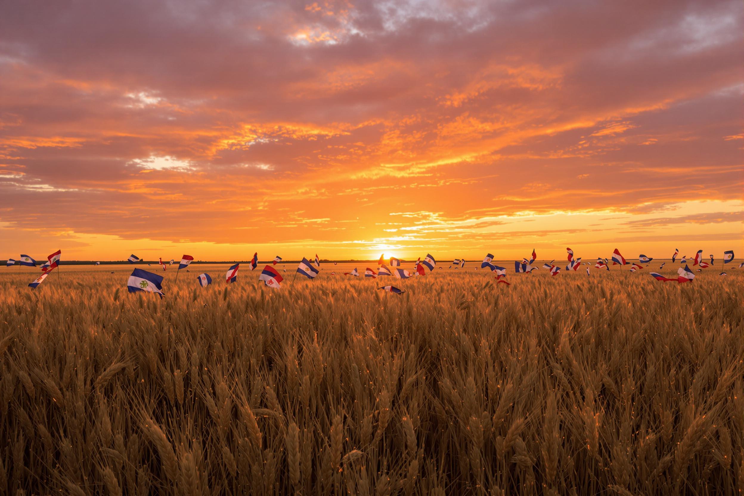 A breathtaking sunset unfurls over a sprawling wheat field adorned with fluttering flags. The golden sun dips below the horizon, painting the sky in hues of orange, pink, and purple. Wheat stalks sway gently in the breeze, their warm tones contrasting beautifully with the vibrant sky. The scene radiates tranquility, evoking a sense of vastness and wonder.