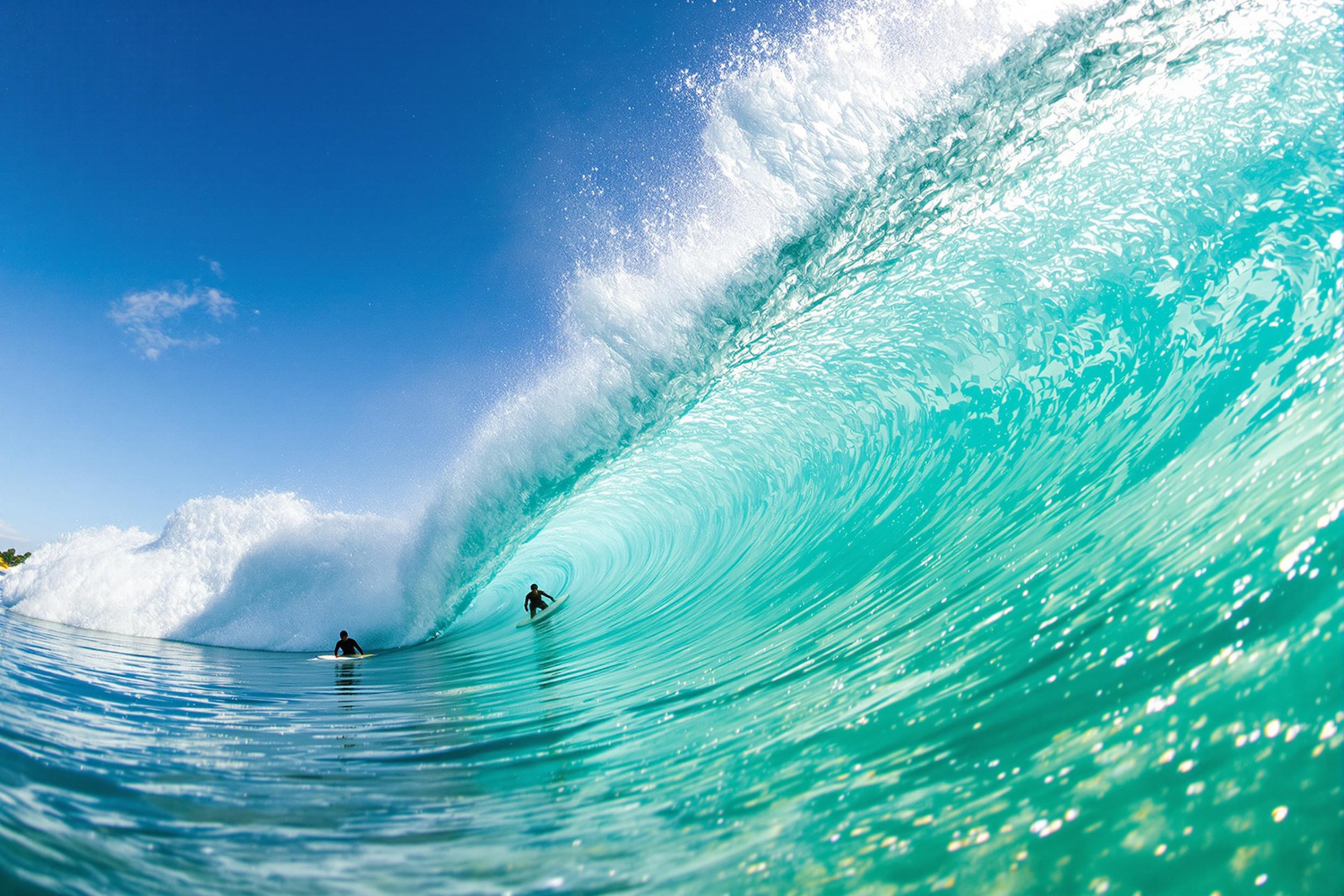 Several surfers ride a towering tropical wave under the midday sun. The translucent emerald water reveals foam-tipped crests and shimmer, creating dynamic textures. A low-angle perspective immerses viewers near the water surface, highlighted by motion blur from sparkling droplets and well-defined radiant sunlight.