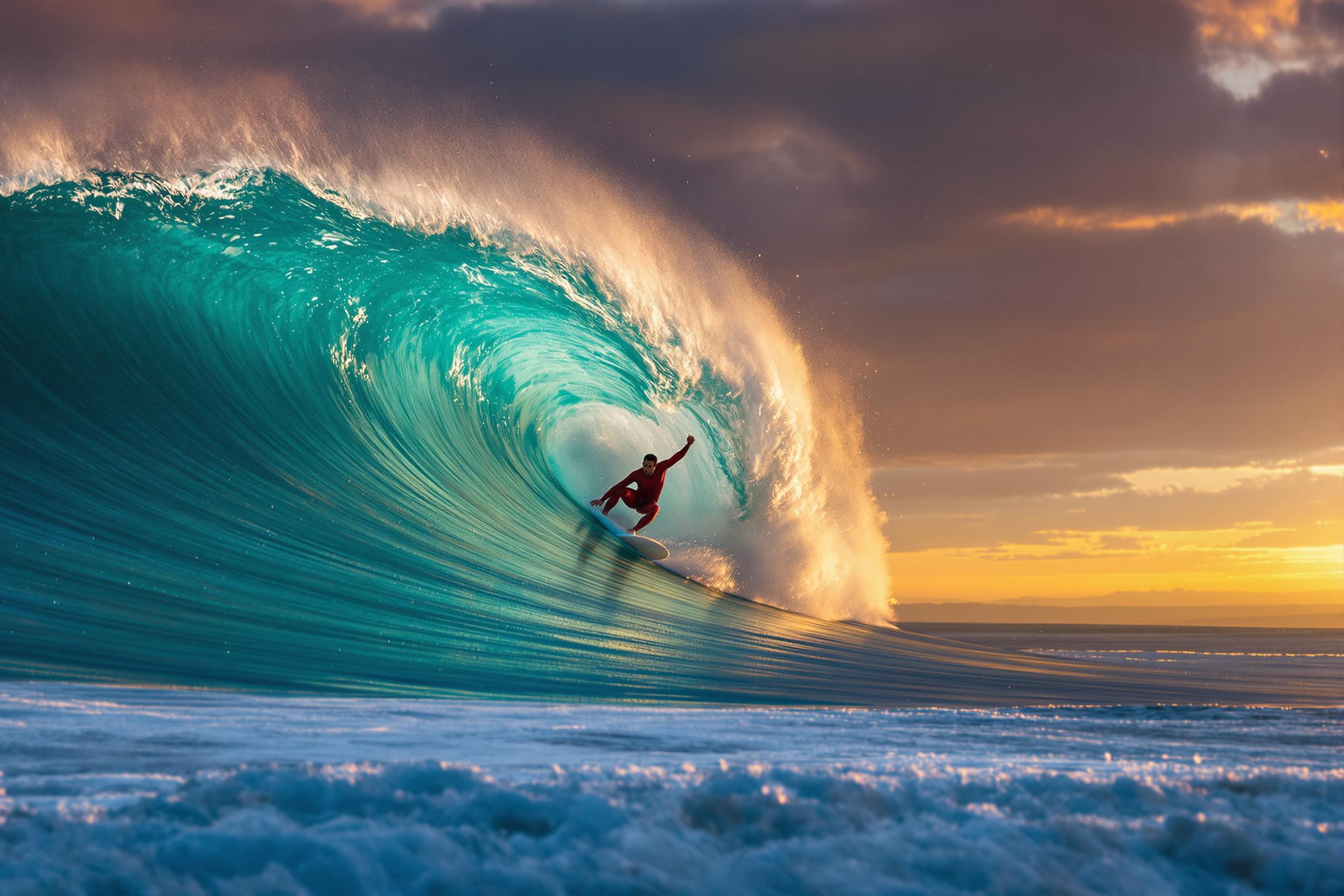 A skilled surfer rides a towering wave as the sun sets, casting a golden hue over the ocean. The surfer, in a striking red wetsuit, carves through the turquoise water, droplets sparkling in the fading light. The dramatic wave curls above, creating a sense of power. The horizon glows with oranges and purples, enhancing the scene's serene yet exhilarating vibe.