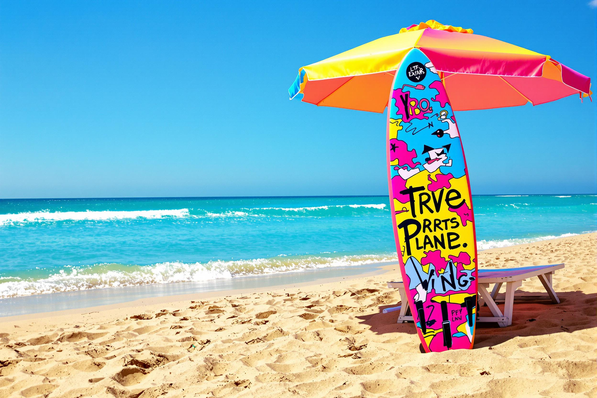 A vibrantly colored surfboard leans casually against a vivid beach umbrella on a sunny sandy shore. The surfboard is adorned with bold graphics, reflecting the carefree spirit of summer days. Bright sunlight bathes the scene, enhancing the saturated colors and casting long shadows across the warm sand, while gentle ocean waves ripple in the background, hinting at adventure ahead.