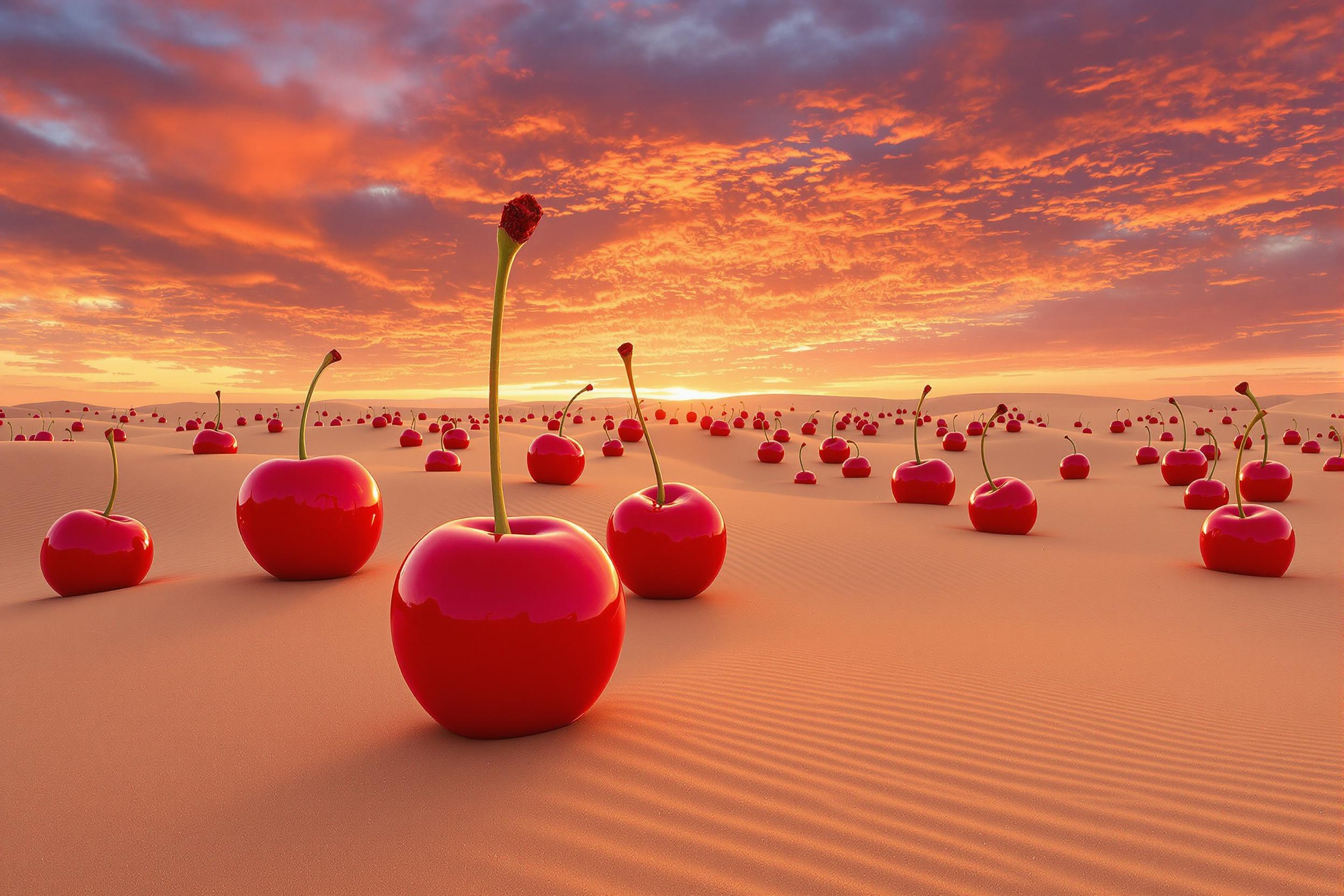 A surreal desert landscape features oversized, glossy cherries scattered atop sand dunes at sunset. The slick red surfaces catch the fading golden-hour light, creating vibrant highlights against soft, undulating textures of the sandy terrain. A dramatic sky with oranges and purples adds depth, enhancing the otherworldly feel of this imaginative scene.